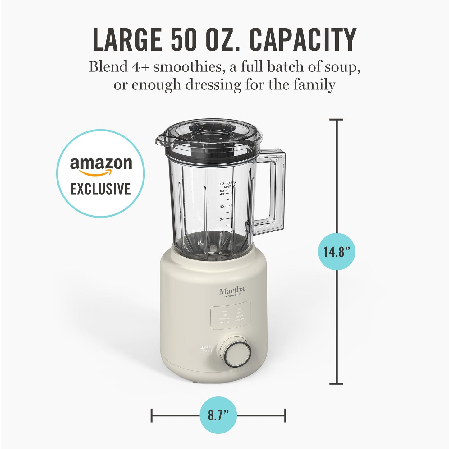 Martha Stewart 50oz Countertop Blender, Smoothie, Margarita & Ice Crushing Blender, BPA-Free Pitcher, 3 Speeds, 5 Presets, Auto-Clean Function, Dishwasher Safe, Stainless Steel Blades, Sky Blue