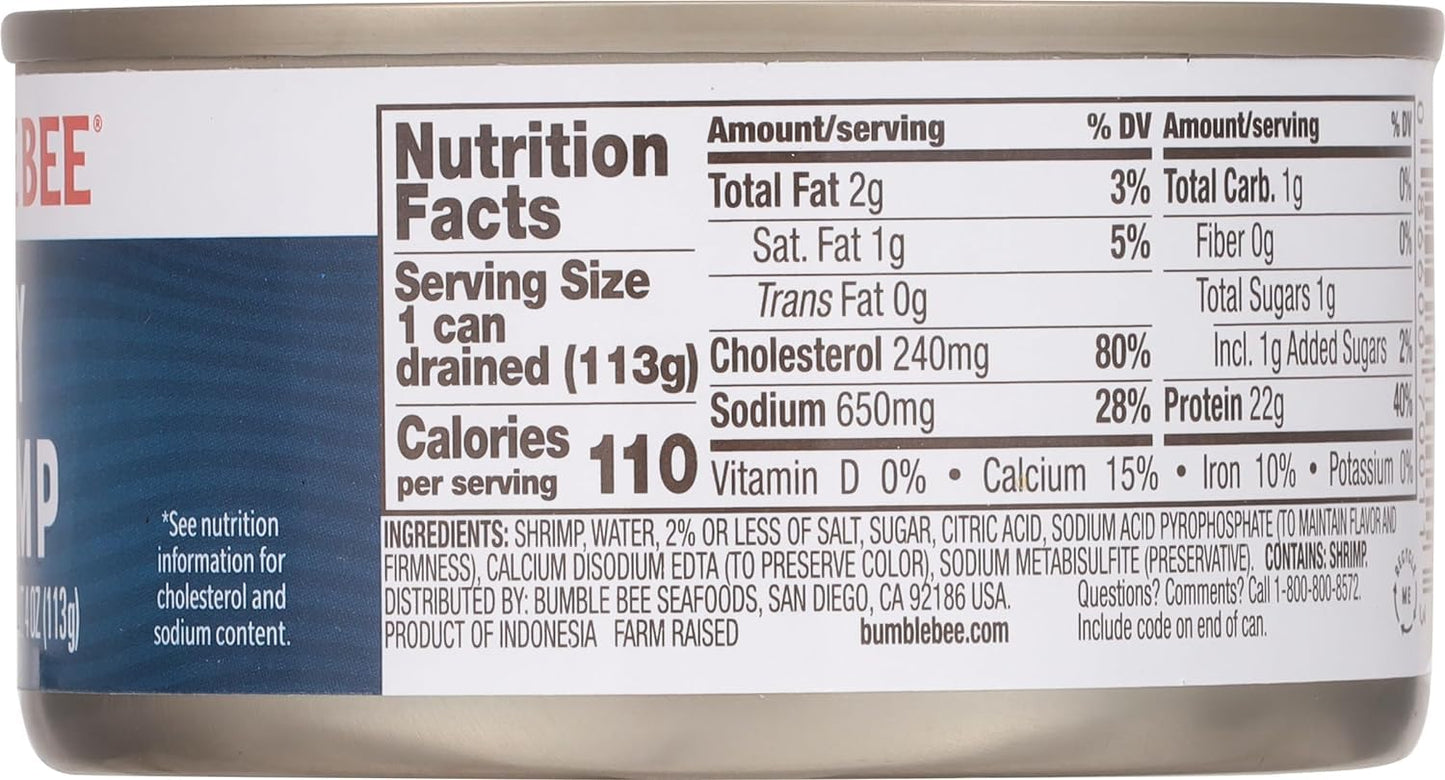 Bumble Bee Tiny Canned Shrimp, 6 oz Can - Shrimp in Water, Cooked, Peeled, Deveined - 22g Protein per Serving - Gluten Free