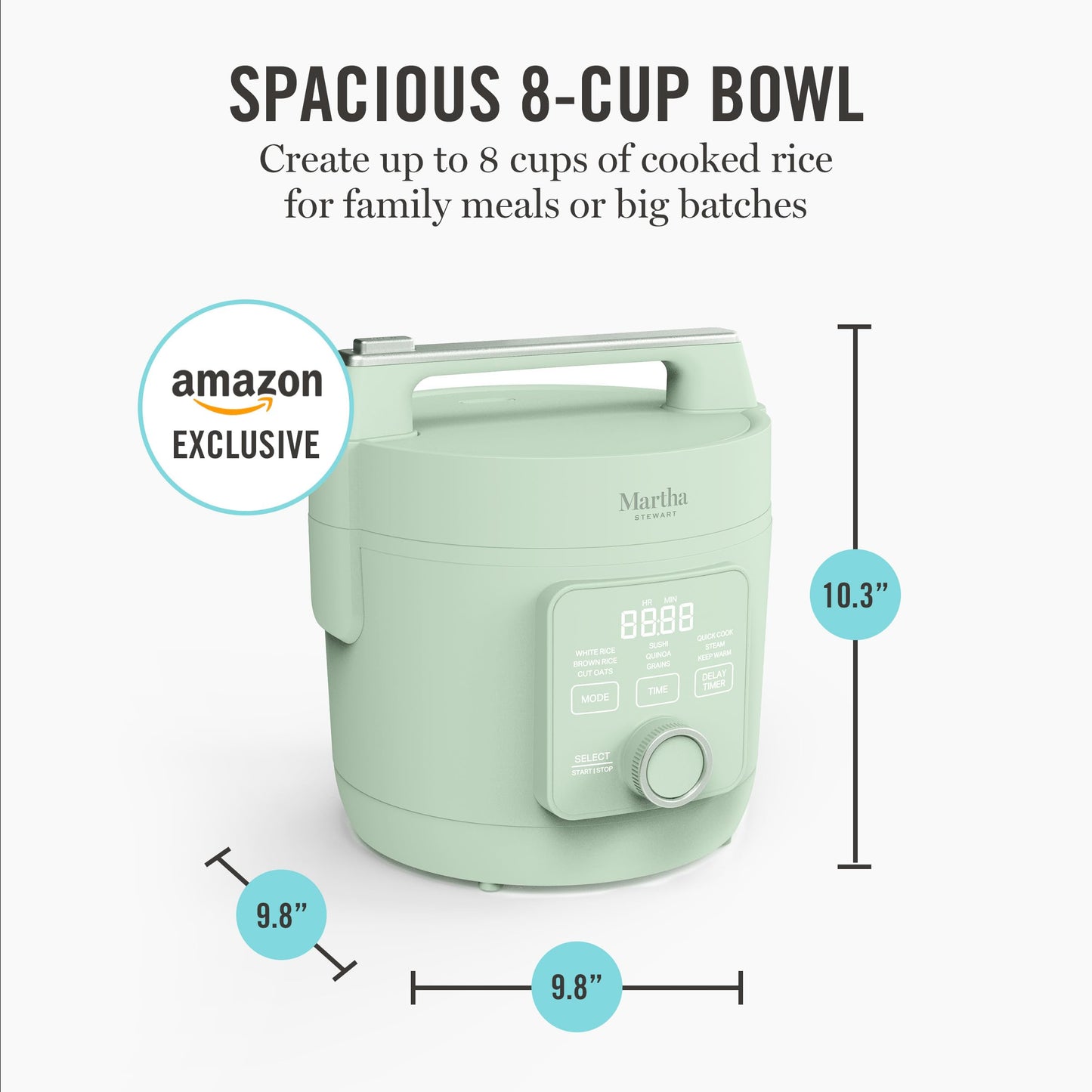 Martha Stewart Rice Cooker, 4 Cup (Uncooked) / 8 Cup (Cooked), Ceramic Non-Stick Removable Pot, Keep Warm, Measure Markings, Steam Basket, Brown & Sushi Rice, Quick Cook, Quinoa, Grains, Oats, Caviar Gray