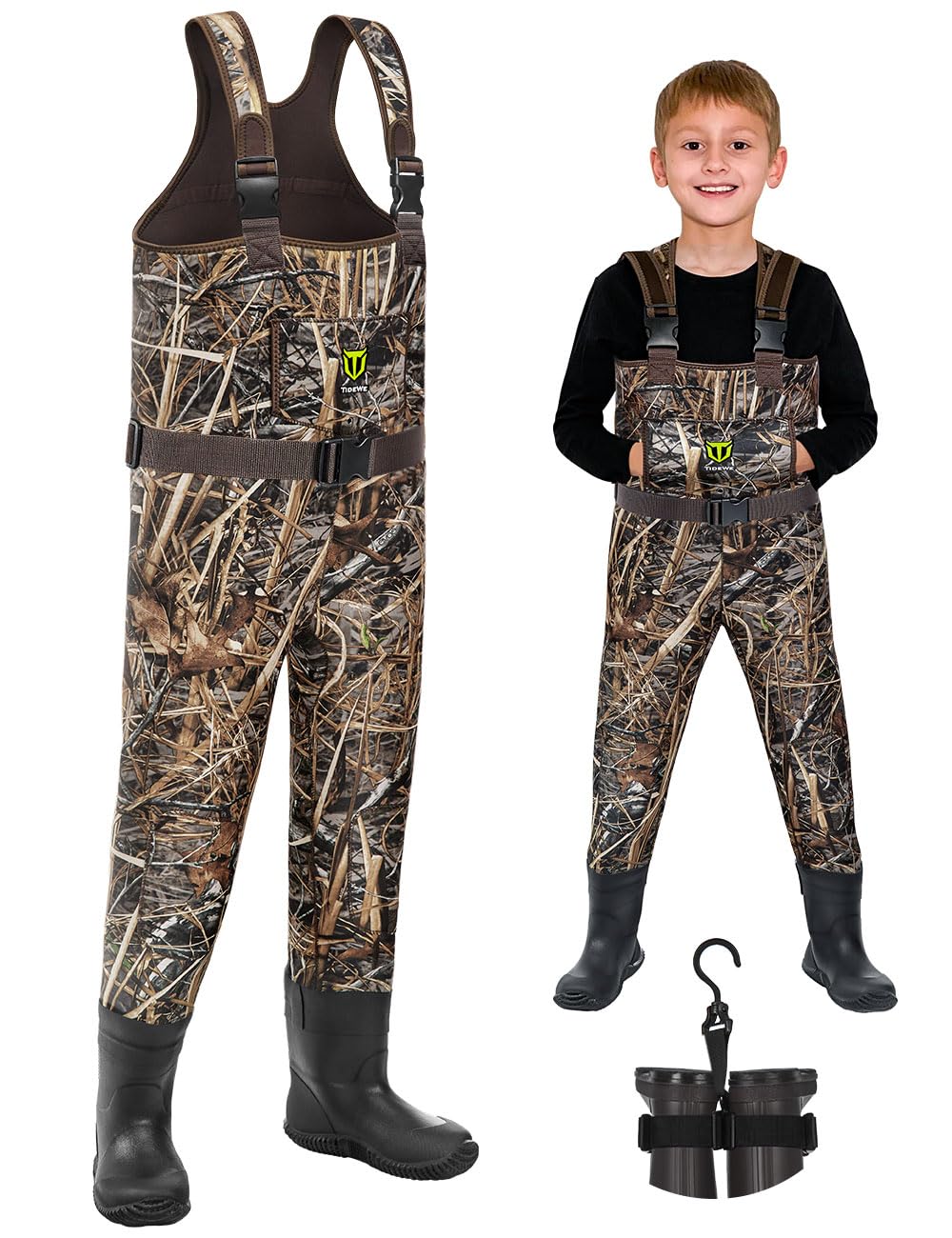 TIDEWE Chest Waders for Toddler & Children, Neoprene Waterproof Insulated Hunting & Fishing Youth Waders for Boy and Girl, Cleated Bootfoot Kids Wader, Next Camo Evos (Size 3T)