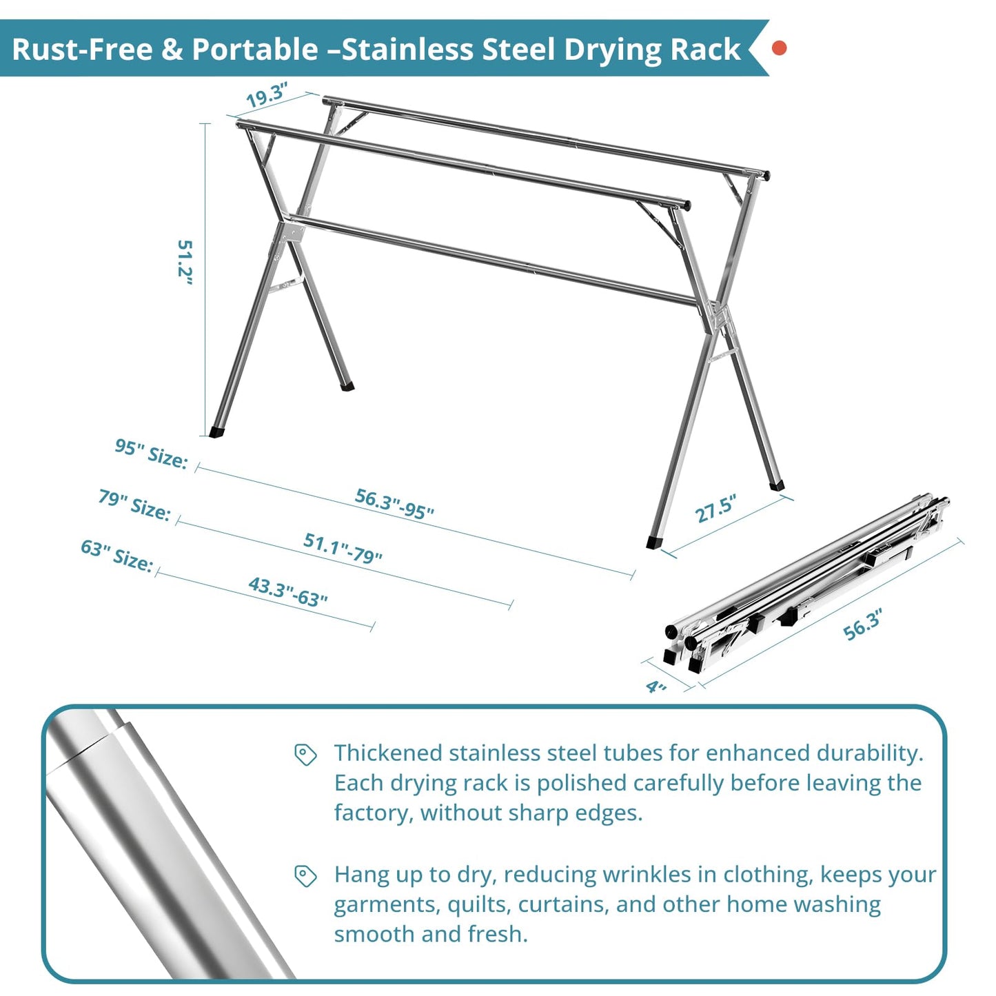JAUREE 79 Inches Clothes Drying Rack, Drying Rack Clothing Folding Indoor Outdoor, Heavy Duty Stainless Steel Laundry Rack, Foldable Portable Large Clothes Rack Garment Rack with 20 Windproof Hooks