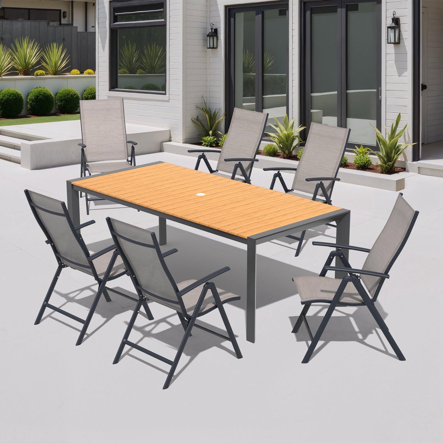 Crestlive Products 7 Pieces Patio Dining Set for 6, Outdoor Table and Folding Dining Chairs 70in Rectangle Aluminum Table with Umbrella Hole Foldable Adjustable High Back Patio Chairs, Grey