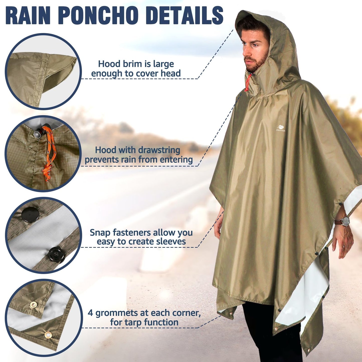 ANYOO Hooded Rain Poncho for Adults Waterproof Lightweight Rain Coat for Men Women Reusable Rain Jacket for Emergency Outdoor
