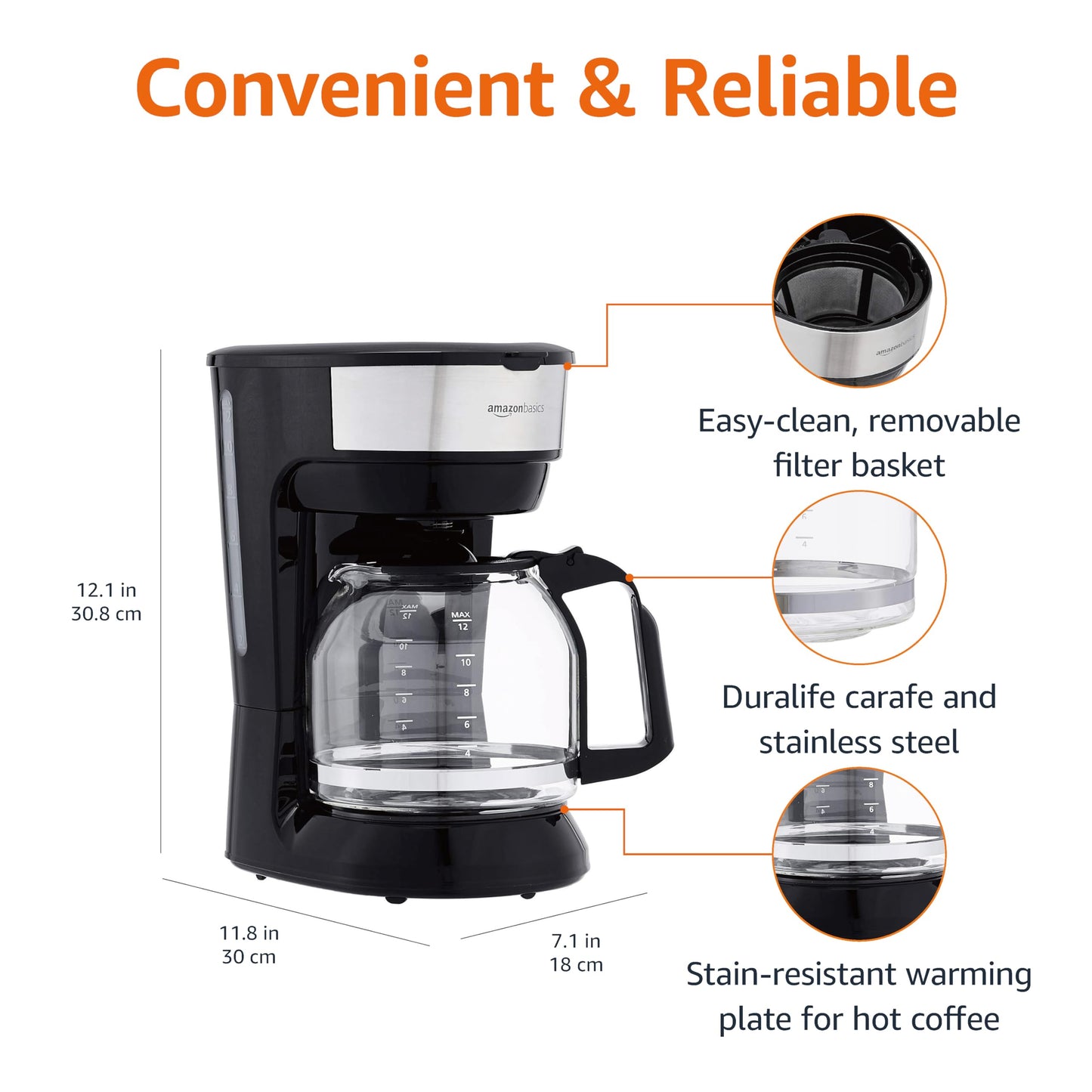 Amazon Basics Coffee Makers, 12-Cup Coffee Machines with Reusable Filter,  Coffee Pots, Black & Stainless Steel