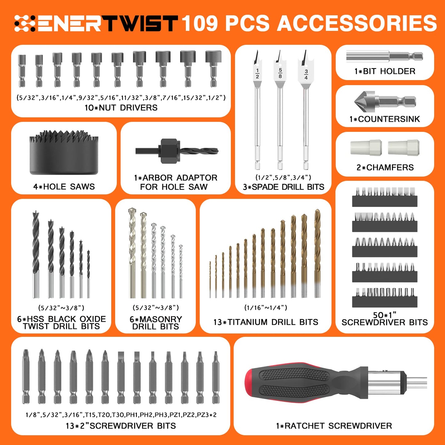 EnerTwist Drill Bit Set, 246-Pieces Drill Bits and Driver Set for Wood Metal Cement Drilling and Screw Driving, Full Combo Kit Assorted in Plastic Carrying Case, ET-DBA-246