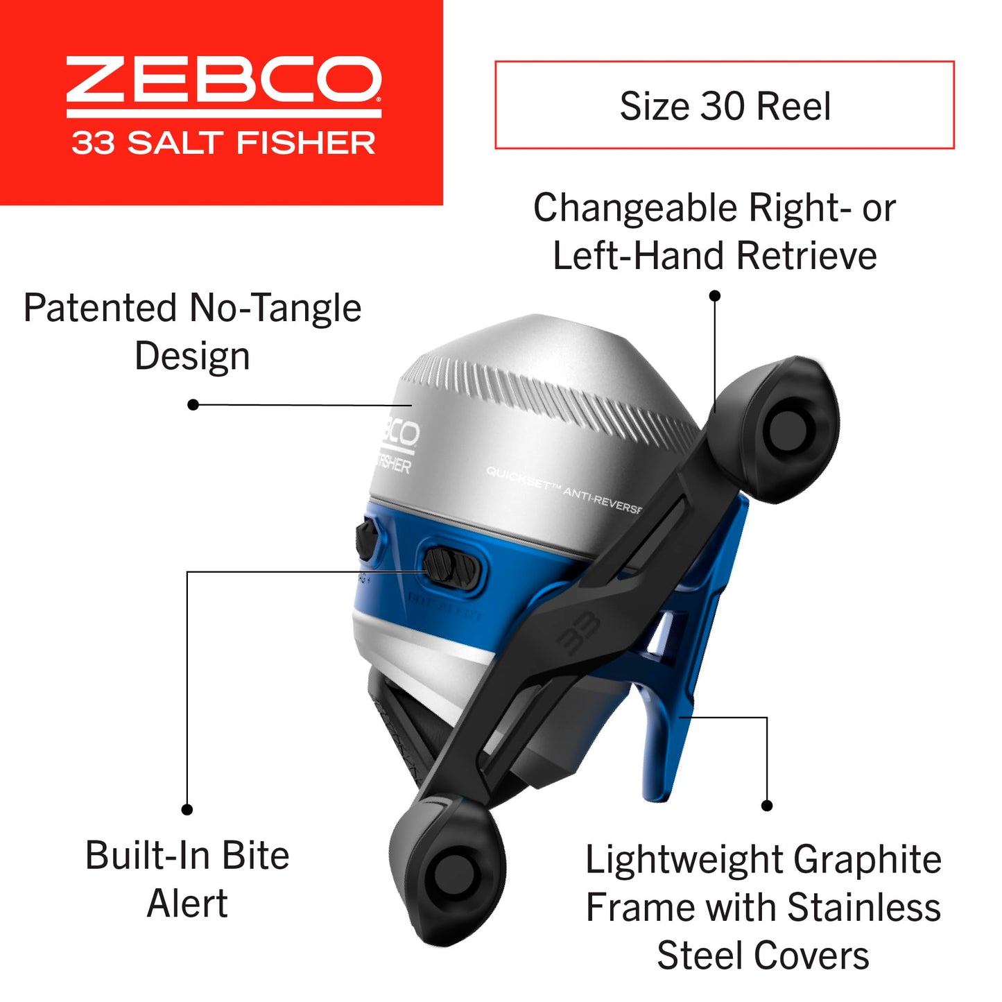 Zebco Salt Fisher 33 Spincast Reel and Fishing Rod Combo, 6-Foot 6-Inch 2-Piece Medium-Heavy Power, Moderate-Fast Action Fiberglass Rod, Interchangeable Retrieve, 12-Pound Line, Blue/Silver