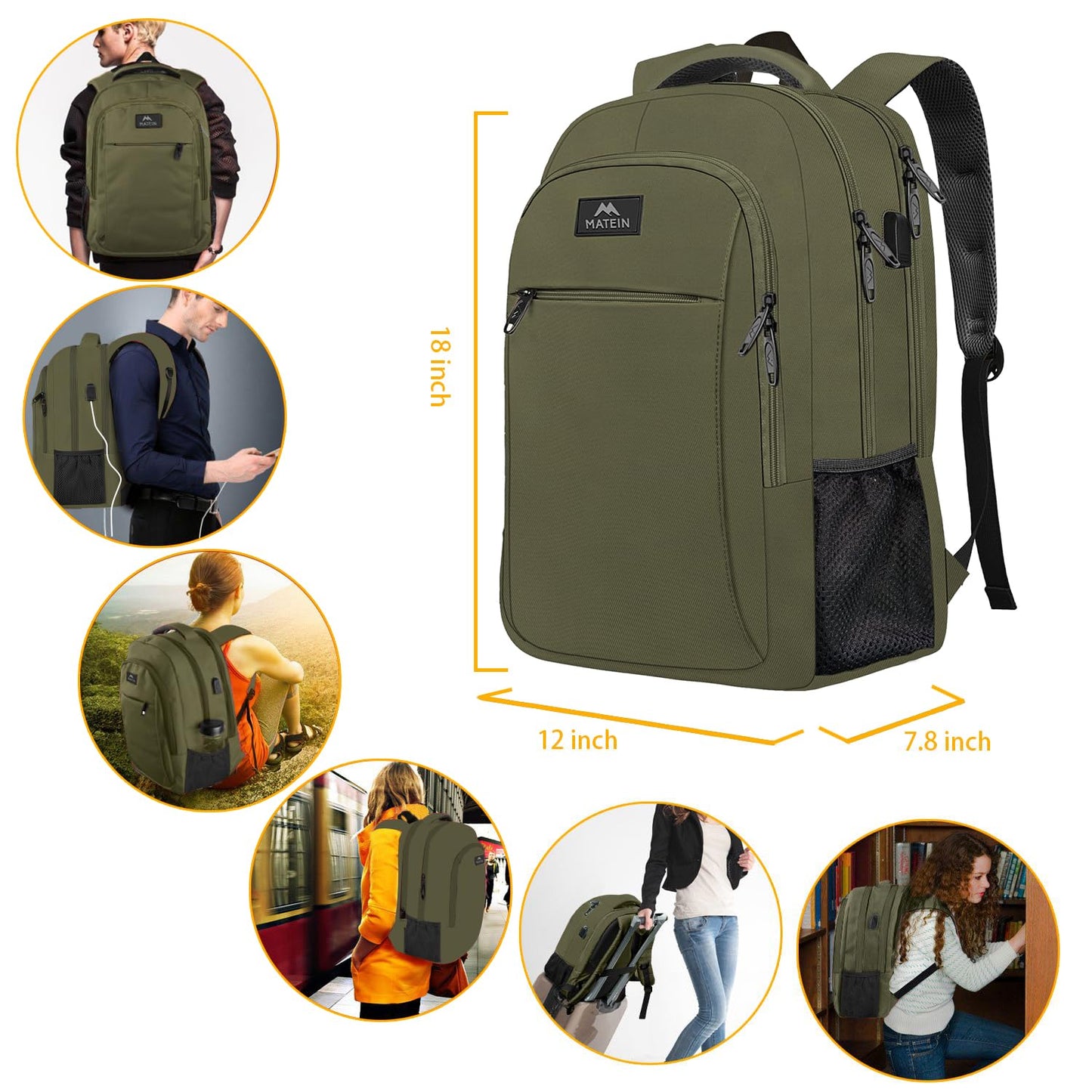 MATEIN Travel Laptop Backpack, Business Anti Theft Slim Sturdy Laptops Backpack with USB Charging Port, Water Resistant College School Computer Bag Gift for Men & Women Fits 15.6 Inch Notebook, Grey