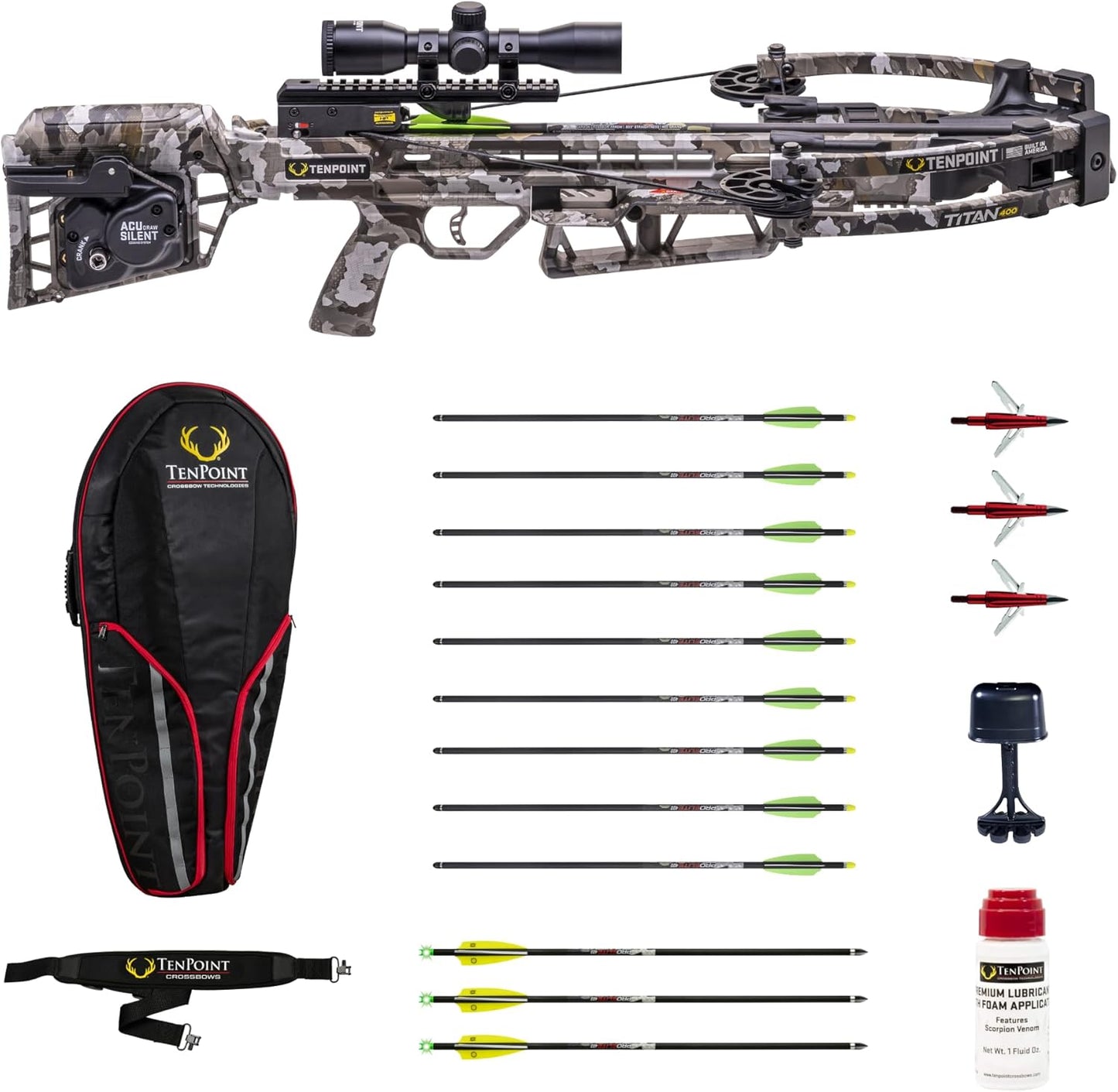 TenPoint Titan 400 Ready-to-Hunt Bundle with 9 Pro Elite 400 Non-Lighted Arrows, 3 Pro Elite 400 Lighted Arrows, 3 EVO-X CenterPunch Broadheads, Narrow Soft Case, Neoprene Sling and Lubricant