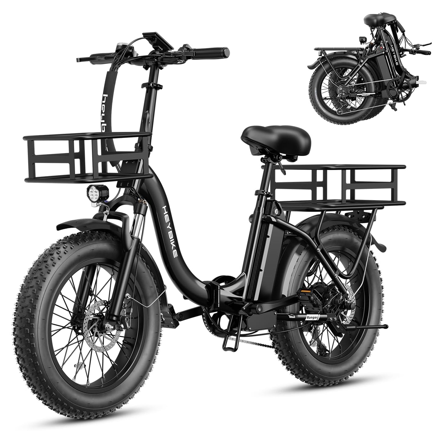 Heybike Ranger Electric Bike for Adults, Peak 1400W Upgraded Motor Ebike, 28MPH [20" Fat Tire All-Terrain] 600Wh Removable Battery Folding Step-Thru E Bike with Front Suspension