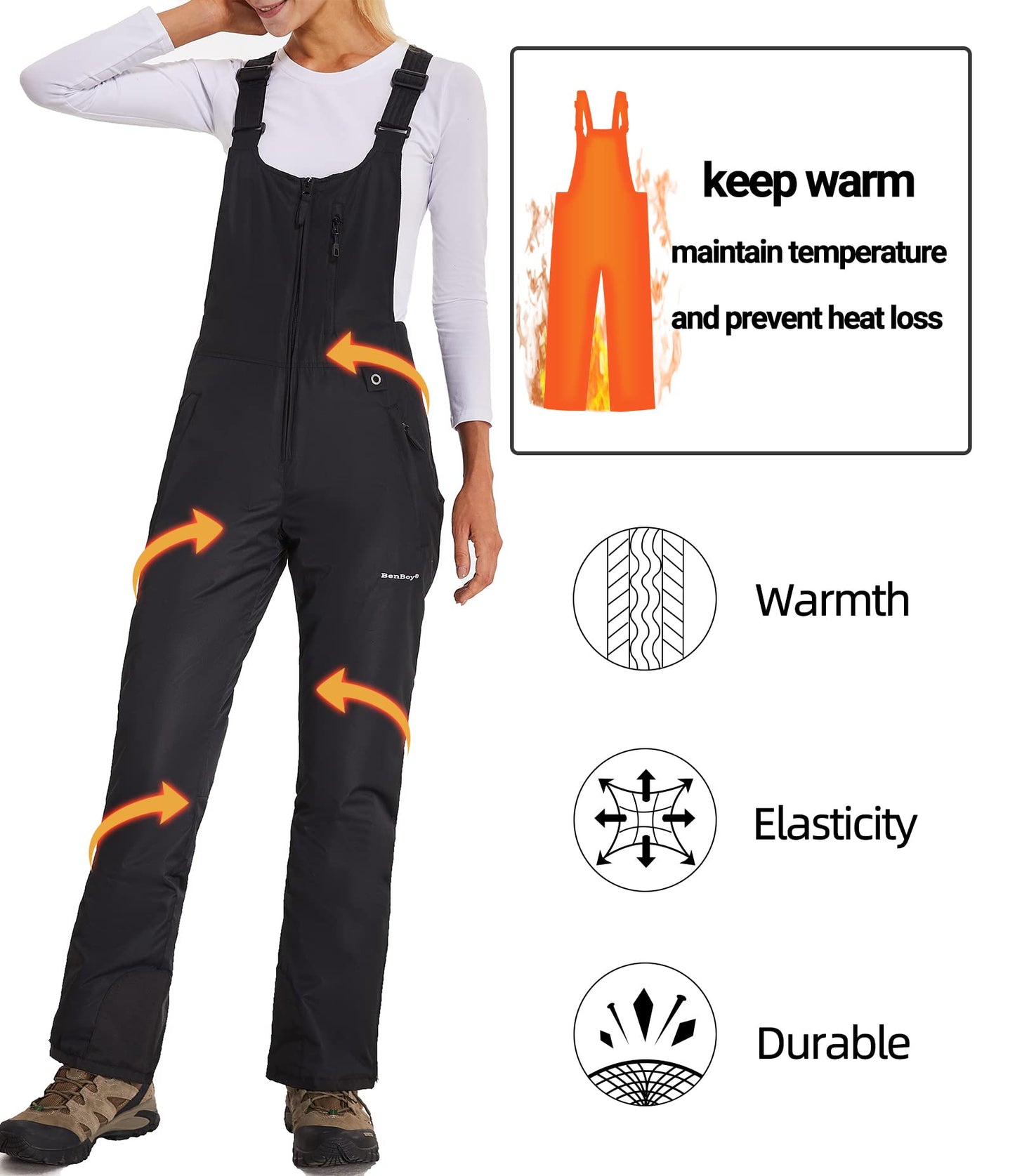 BenBoy Women's Snow Bibs Ski Waterproof Windproof Insulated Overalls Ripstop Snowboard Pants Winter