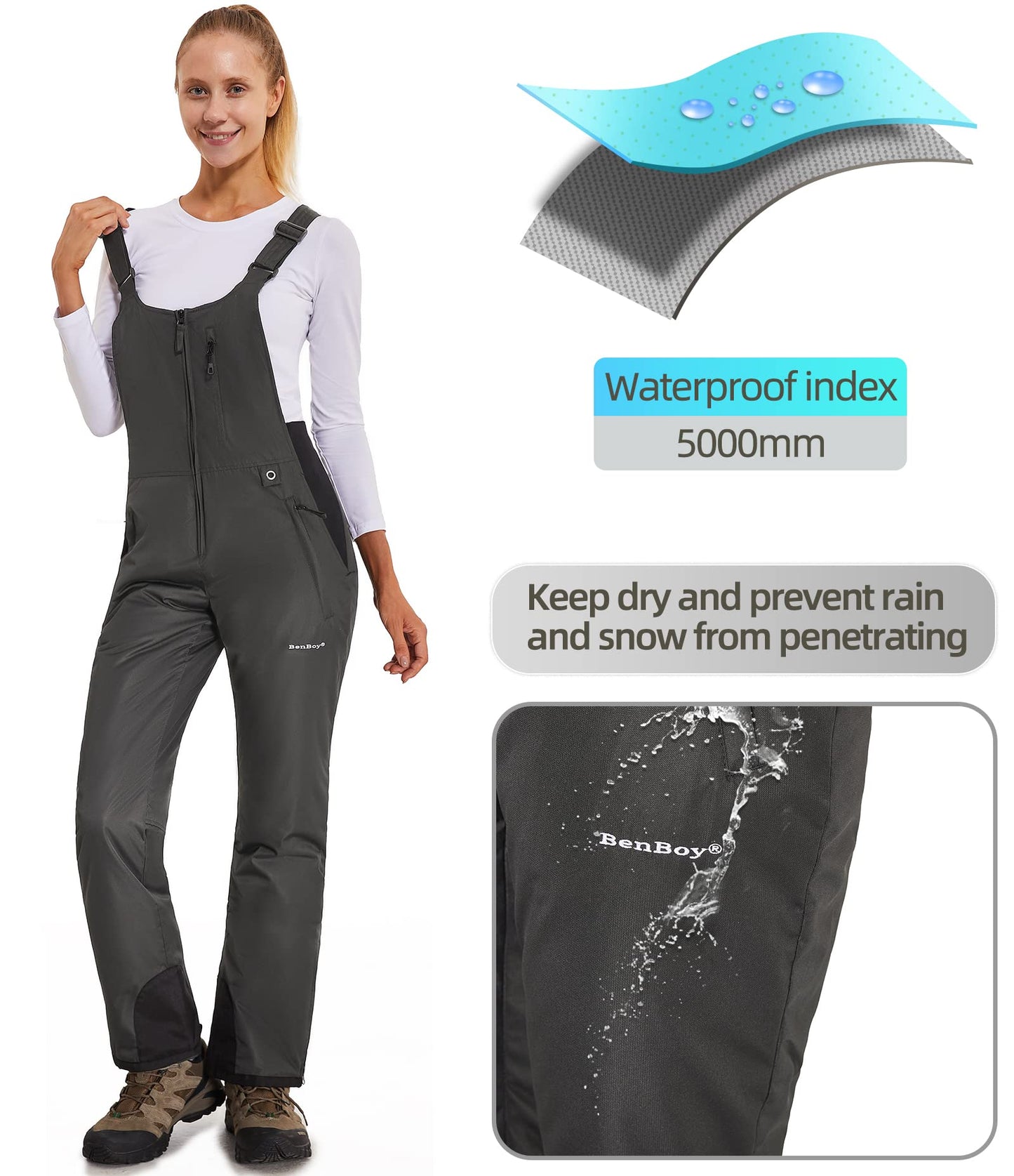 BenBoy Women's Snow Bibs Ski Waterproof Windproof Insulated Overalls Ripstop Snowboard Pants Winter