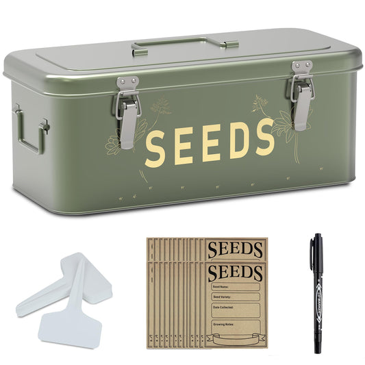 Orionstar Seed Storage Organizer, Metal Seed Saving Box with Lid, Seed Bin with 30 Plant Labels 30 Seed Envelopes 1 Marker Pens, 4 Compartments Box with Safety Locks, Blackish Green
