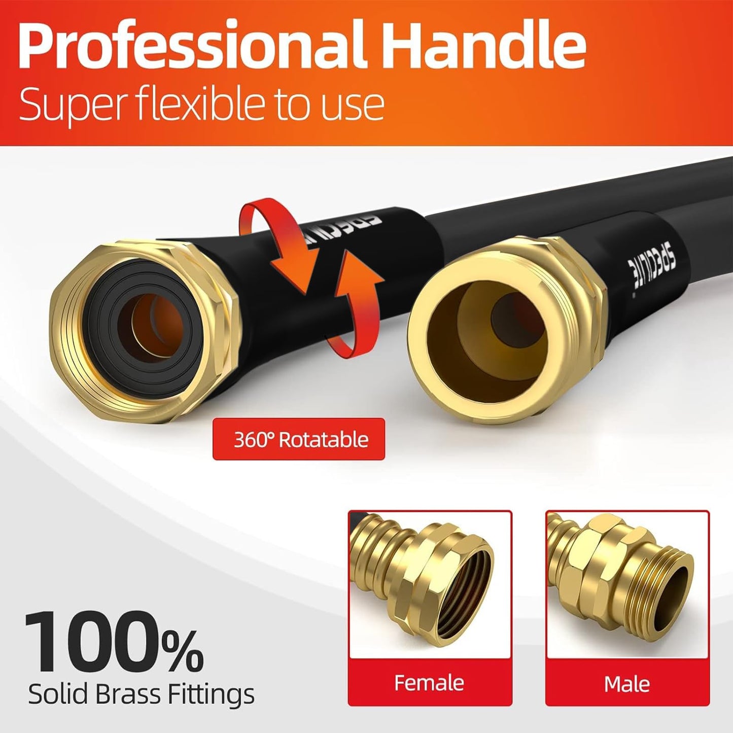 Garden Hose 50 ft x 5/8 in Heavy Duty, Flexible and Lightweight Water Hose, Burst 600 psi, Kink-less Hybrid Rubber Hose for Backyard, 3/4'' Brass Fittings