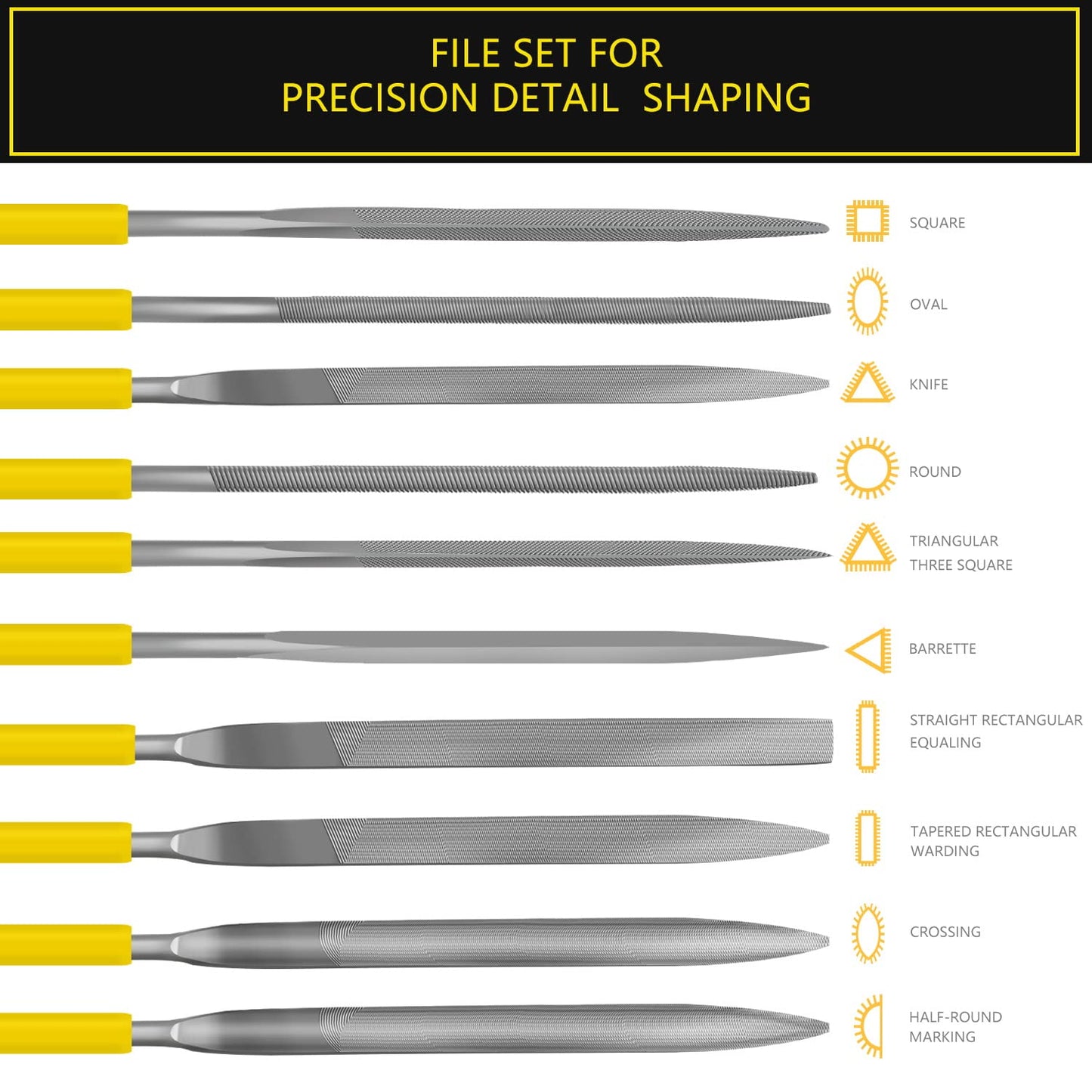 6-Piece Metal Needle File Set - Hardened Alloy Steel Includes Flat, Warding, Square, Triangular, Round, and Half-Round Files