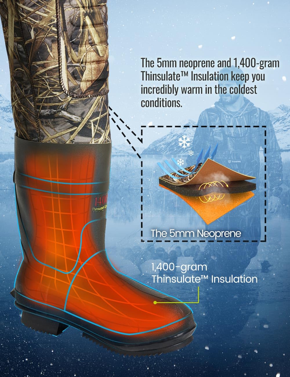 TIDEWE Hunting Wader, 5mm Neoprene Chest Waders with 1400 Gram Insulation Rubber Boots, Waterproof and Seam Sealed Bootfoot Chest Wader for Fishing, Hunting (Next Camo Evos Size 10)