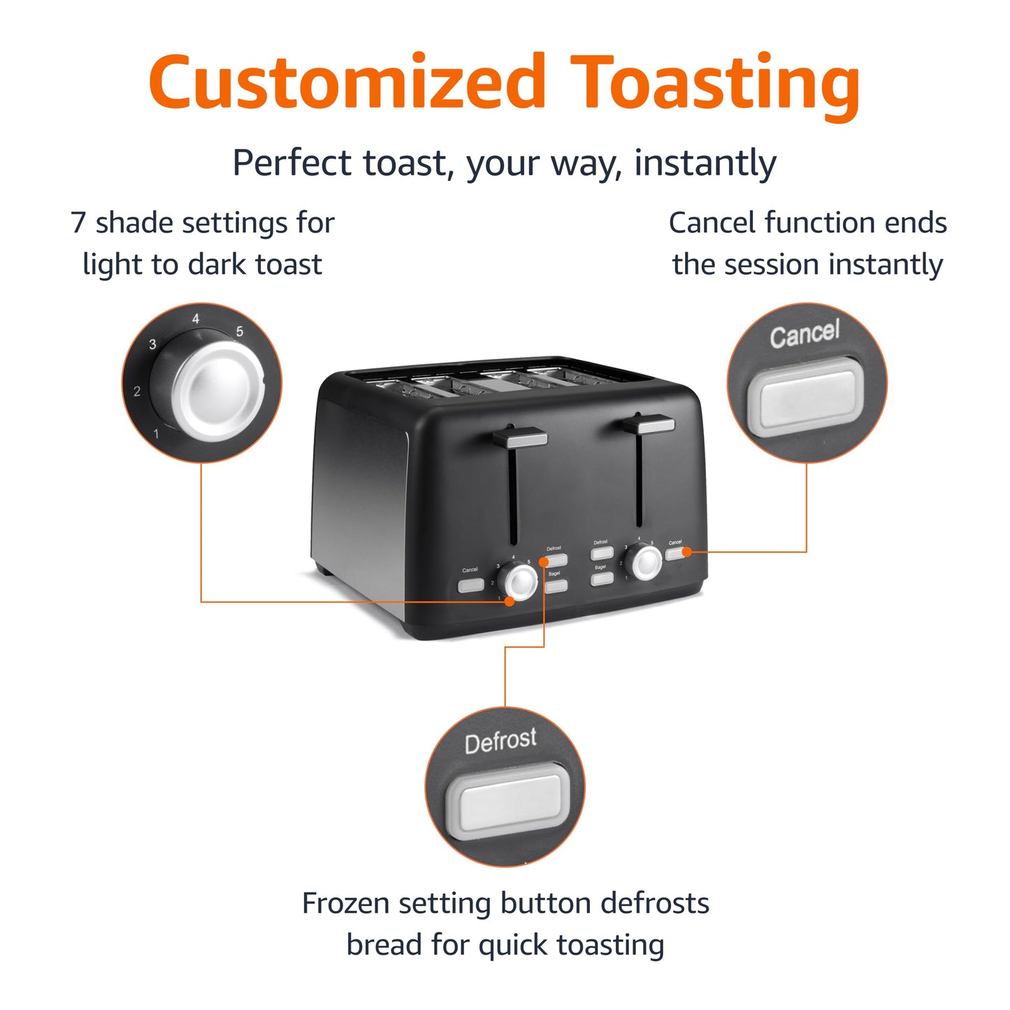 Amazon Basics 4 Slice Toaster, 7 Browning Settings, Extra Wide Slots for Bagels and Specialty Breads, Removable Crumb Tray, Cancel/Defrost/Bagel Buttons, 1500W, Black & Silver