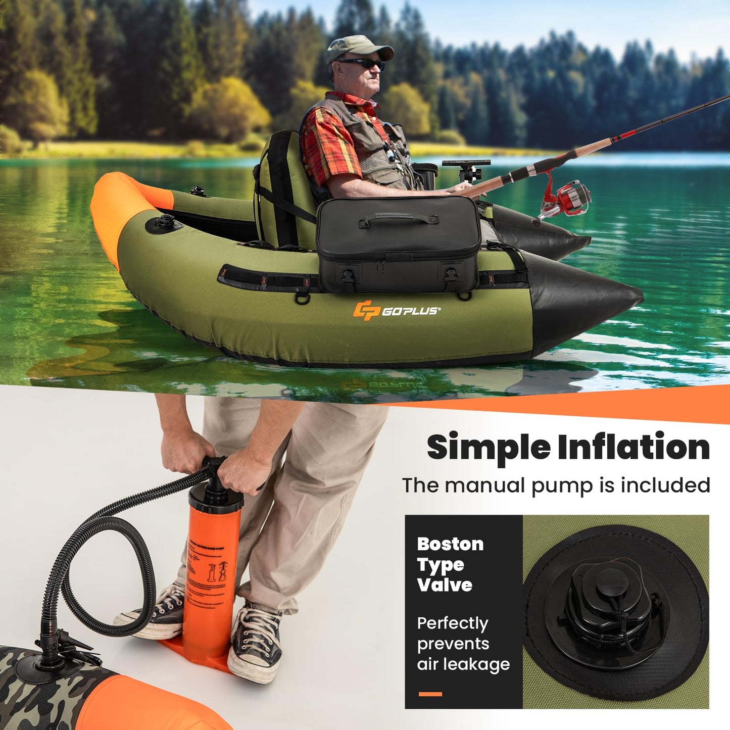 Goplus Inflatable Float Tube, Fishing Belly Boat w/Paddle, Flippers, Fish Ruler, Pump, Storage Bag, Adjustable Straps, 350LBS Load Capacity (Upgrade Green, W/Fish Finder Holder, Rod Rack Basket)