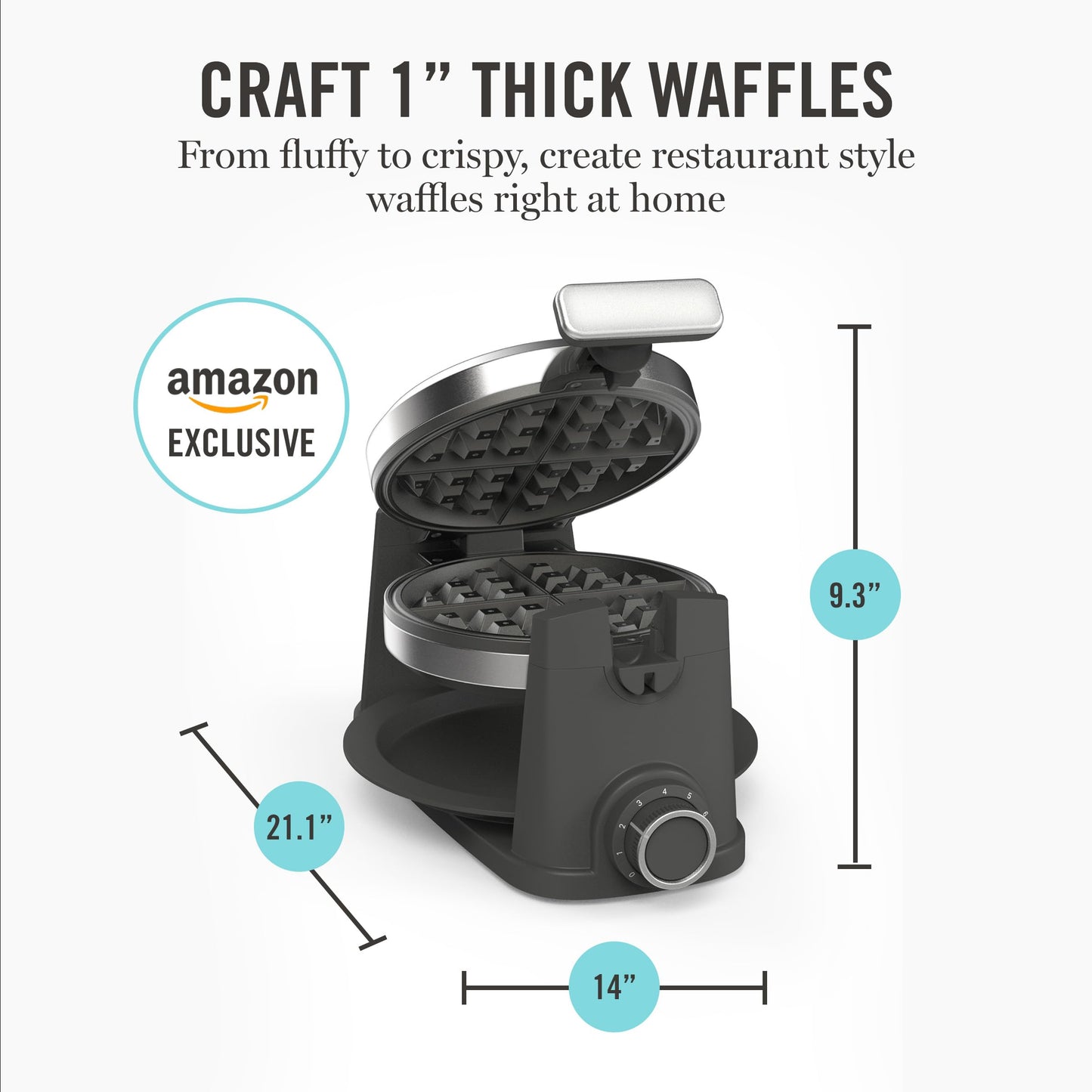 Martha Stewart Rotating Waffle Maker, 180° Flip Iron with PFAS-Free Nonstick Plates, Adjustable Timer, Ready Light, Drip Tray, Space Saving, Classic Round 7”, Easy to Clean, Stainless Steel, Sky Blue