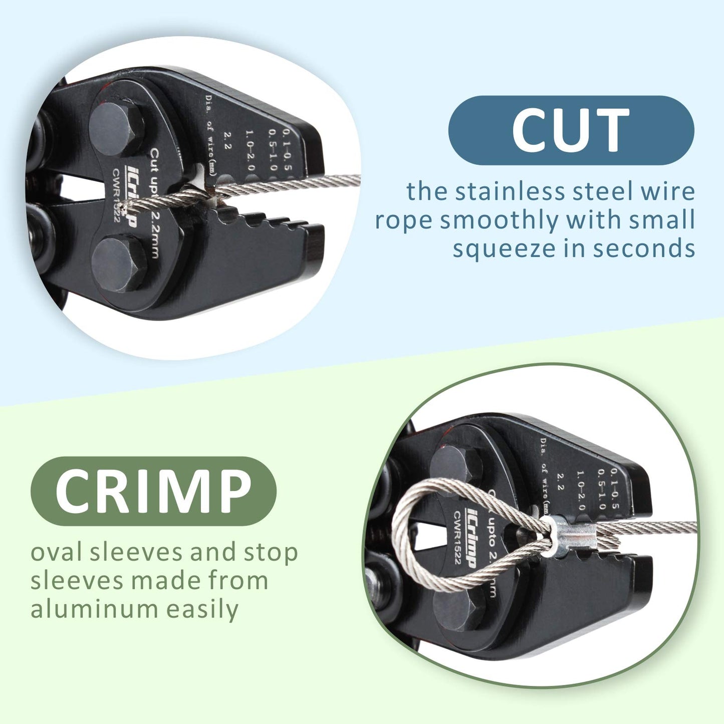 iCrimp CWR1522 Wire Rope Crimping Tool with Cutting function for Cable Railing, Hand Swaging 0.1~2.2mm Aluminum Oval Sleeves,Alloy Double Sleeves (CWR1522)