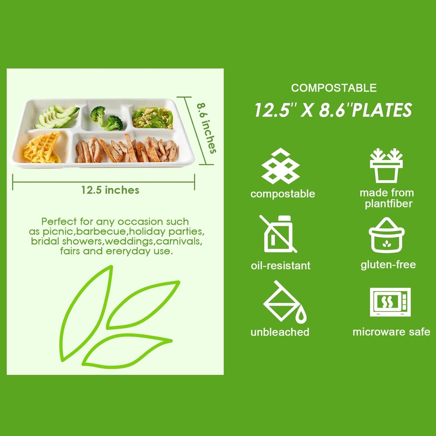 Vplus 100% Compostable 5 Compartment Paper Plates, 100 Pack, 12.5 x 8.6 inch Disposable School Lunch Trays, Eco-Friendly Bagasse Plates for Buffet, and Party