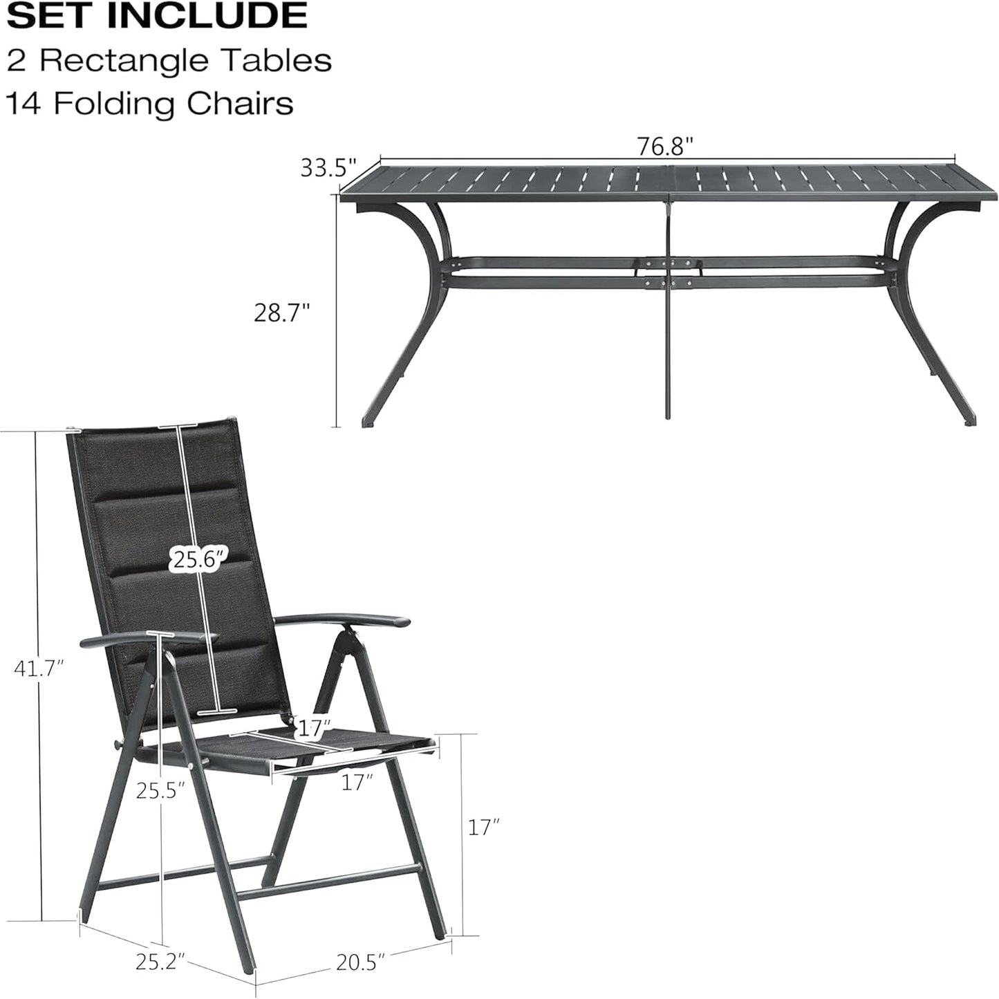 PURPLE LEAF 9 Pieces Outdoor Patio Dining Set with 8 Folding Portable Chairs and 1 Rectangle Aluminum Table, Foldable Adjustable High Back Reclining Chairs with Soft Cotton-Padded Seat, Grey