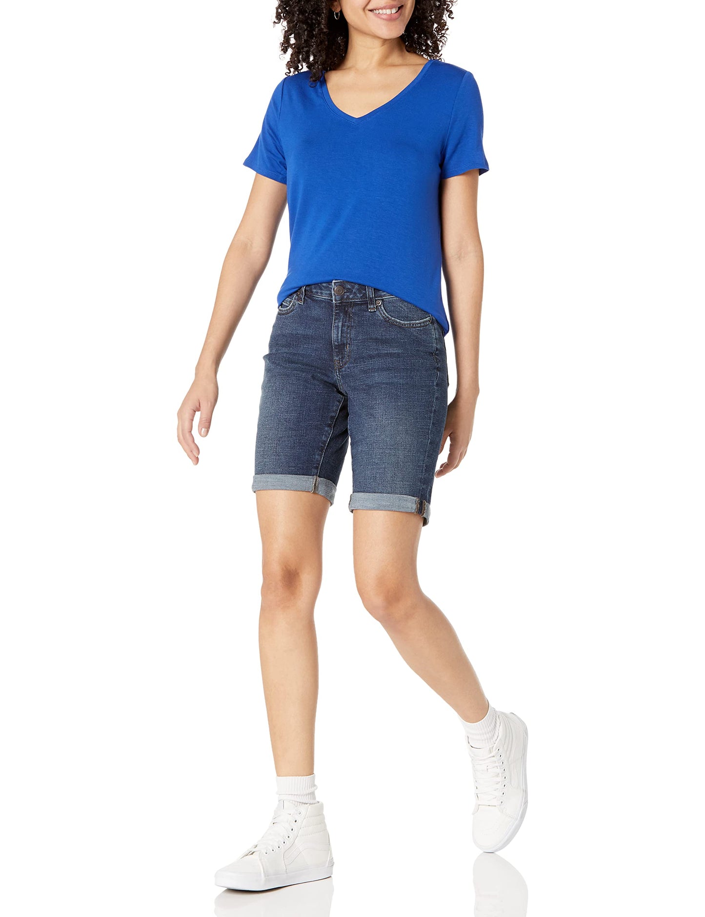 Amazon Essentials Women's Mid-Rise Stretchy Slim Fit Denim Bermuda Shorts with Pockets