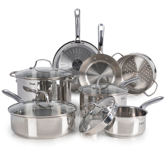 T-fal Stainless Steel Cookware Set, 11 Piece, Induction Cookware, Oven Safe to 500°F, Kitchen Cooking Set w/Fry Pans, Pots and Pans, Dutch Oven, Saucepans, Kitchen Essentials, Silver