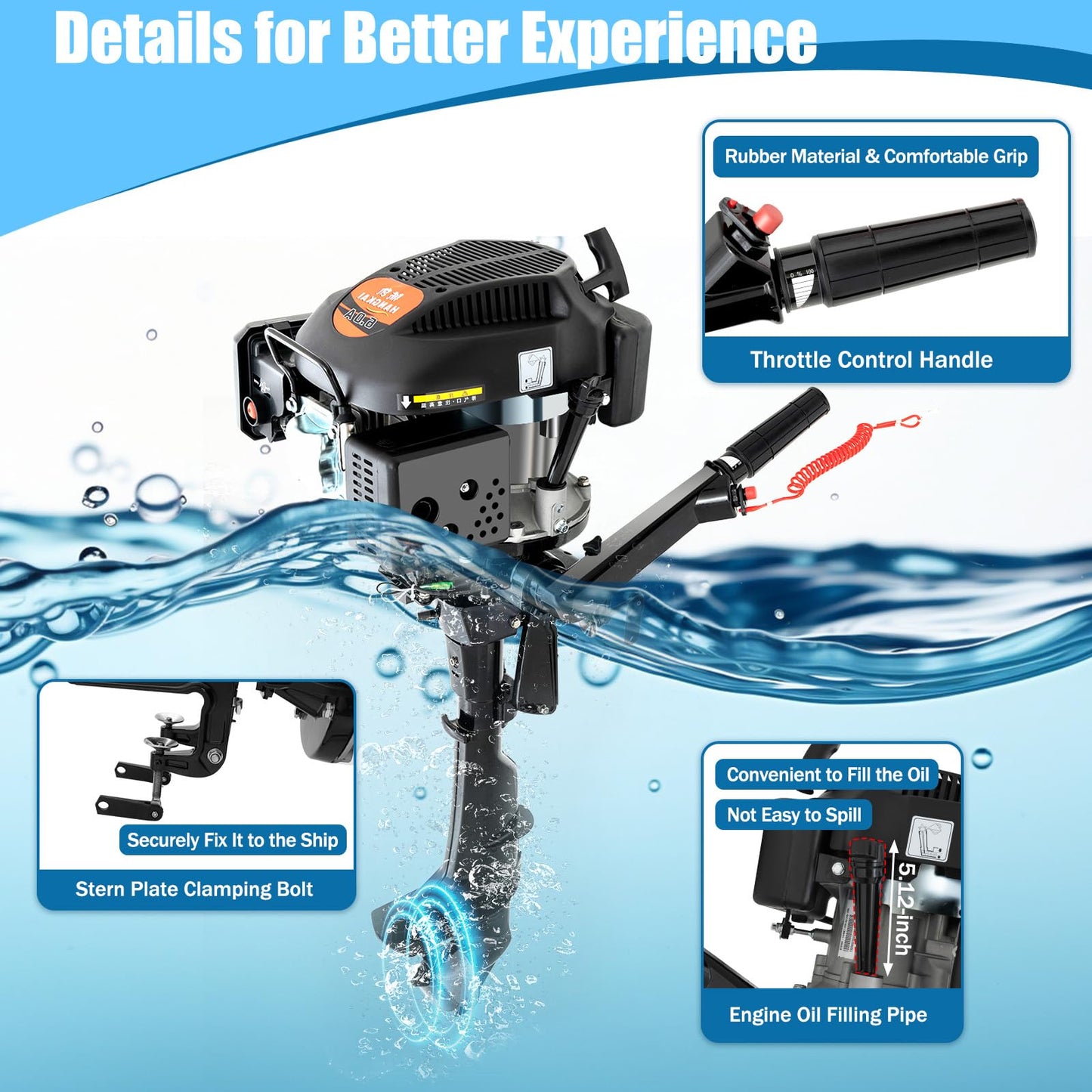 awolsrgiop 4 Stroke 6HP 3.75KW Outboard Motor Fishing Boat Engine w/Air Cooling System, 2500r/min Heavy Duty Inflatable Fishing Boat Engine Tiller Control