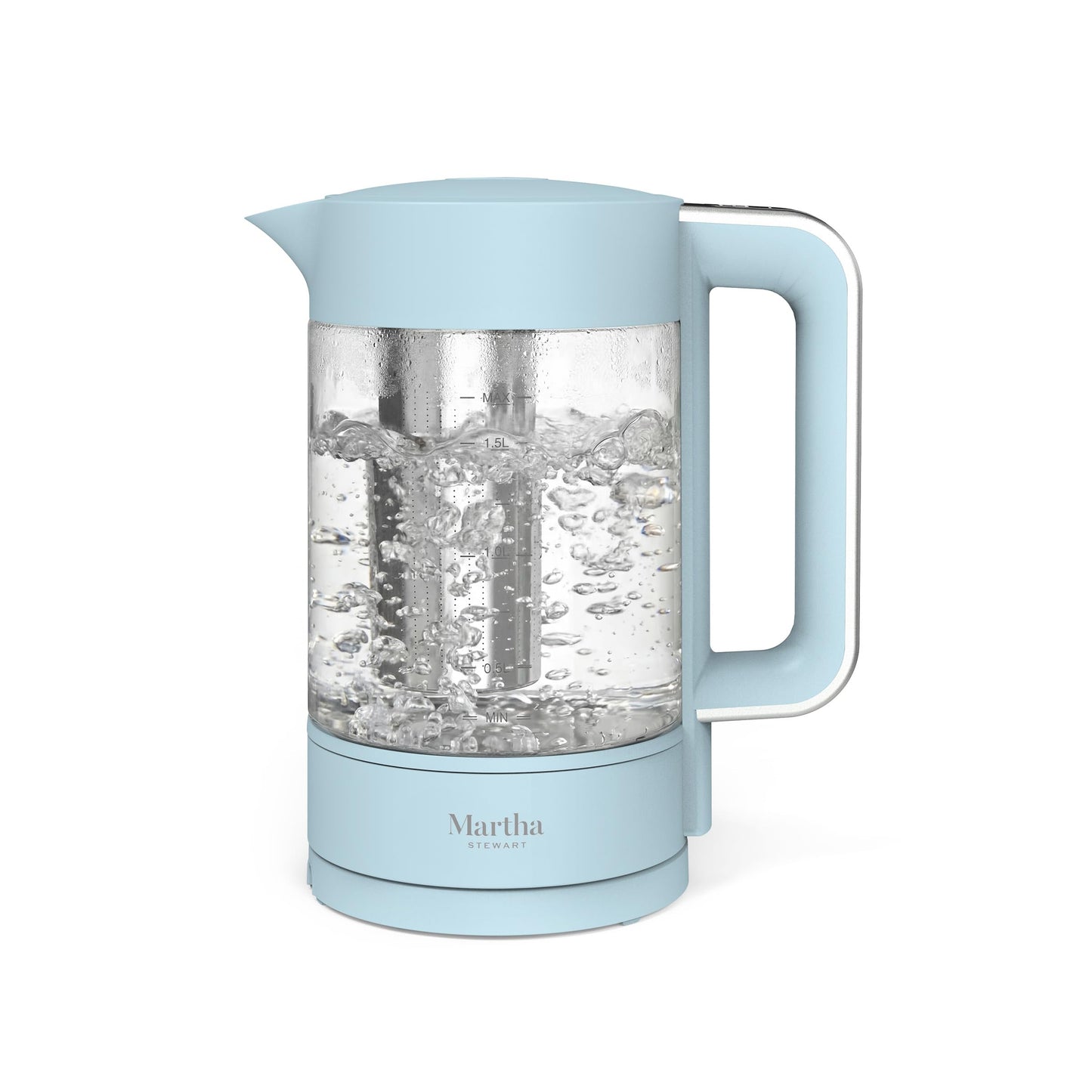 Martha Stewart Electric Kettle with Removable Stainless Steel Tea Infuser,  Glass Carafe 1.7L (7 Cups), Hot Water Boiler, 4 Presets, Keep Warm & Auto Shut-Off, Cordless 360° Swivel Base, Sky Blue