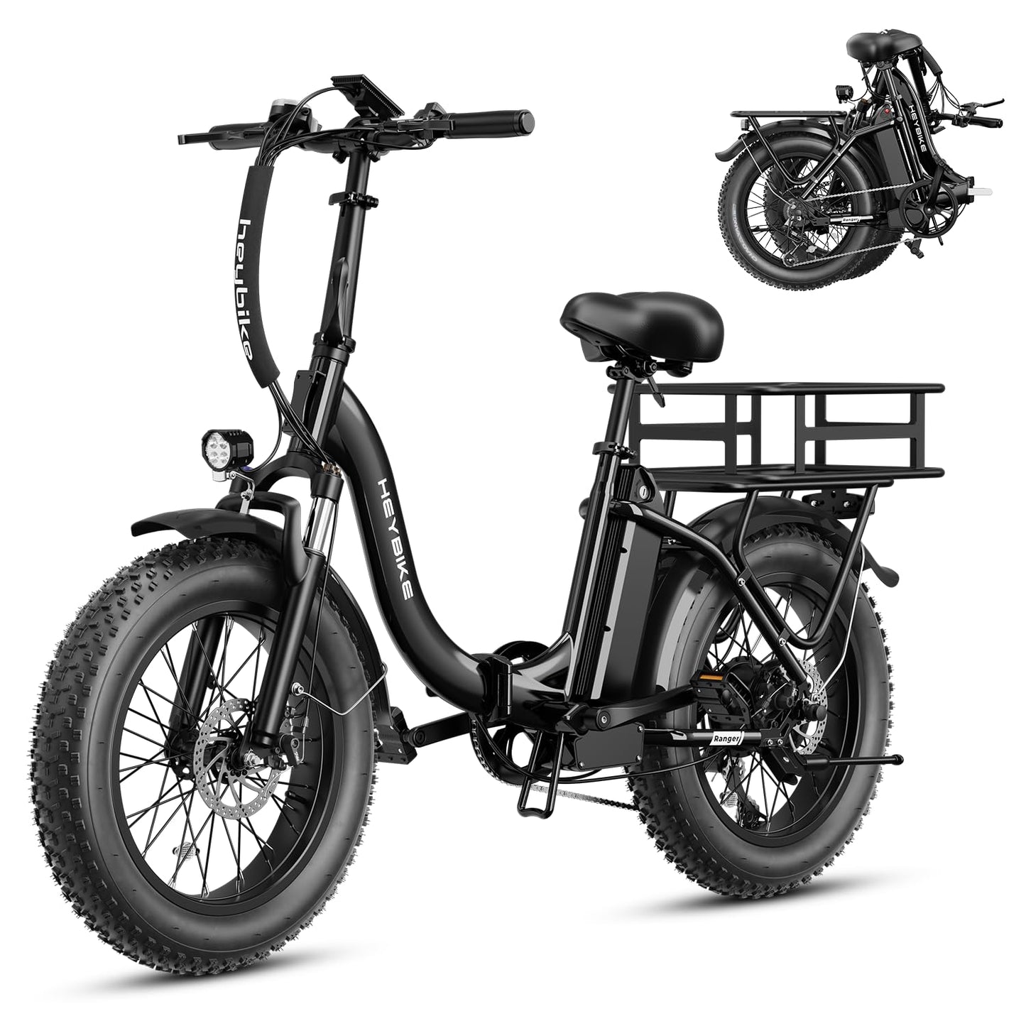 Heybike Ranger Electric Bike for Adults, Peak 1400W Upgraded Motor Ebike, 28MPH [20" Fat Tire All-Terrain] 600Wh Removable Battery Folding Step-Thru E Bike with Front Suspension