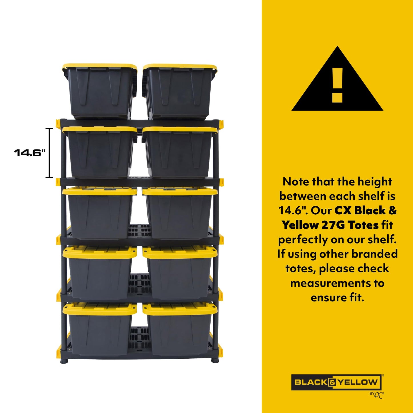 BLACK & YELLOW, 4-Tier Heavy Duty Plastic Storage Shelving Unit, 200lbs/shelf (55"H x 48"W x 20"D), for Indoor/Outdoor Organization, Modular Rack