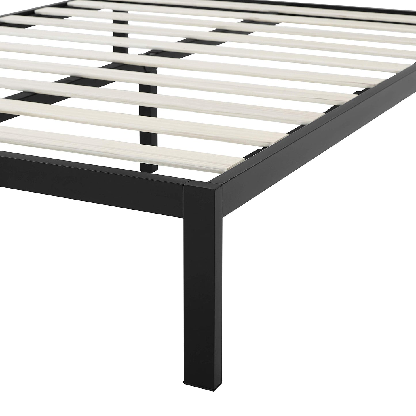 Amazon Basics Industrial Metal Bed Frame with Modern Headboard and Wood Slat Support, 14 Inches High, No Box Spring Needed, Noise-Free, Easy Assembly, Under Bed Storage, Queen Size, Black