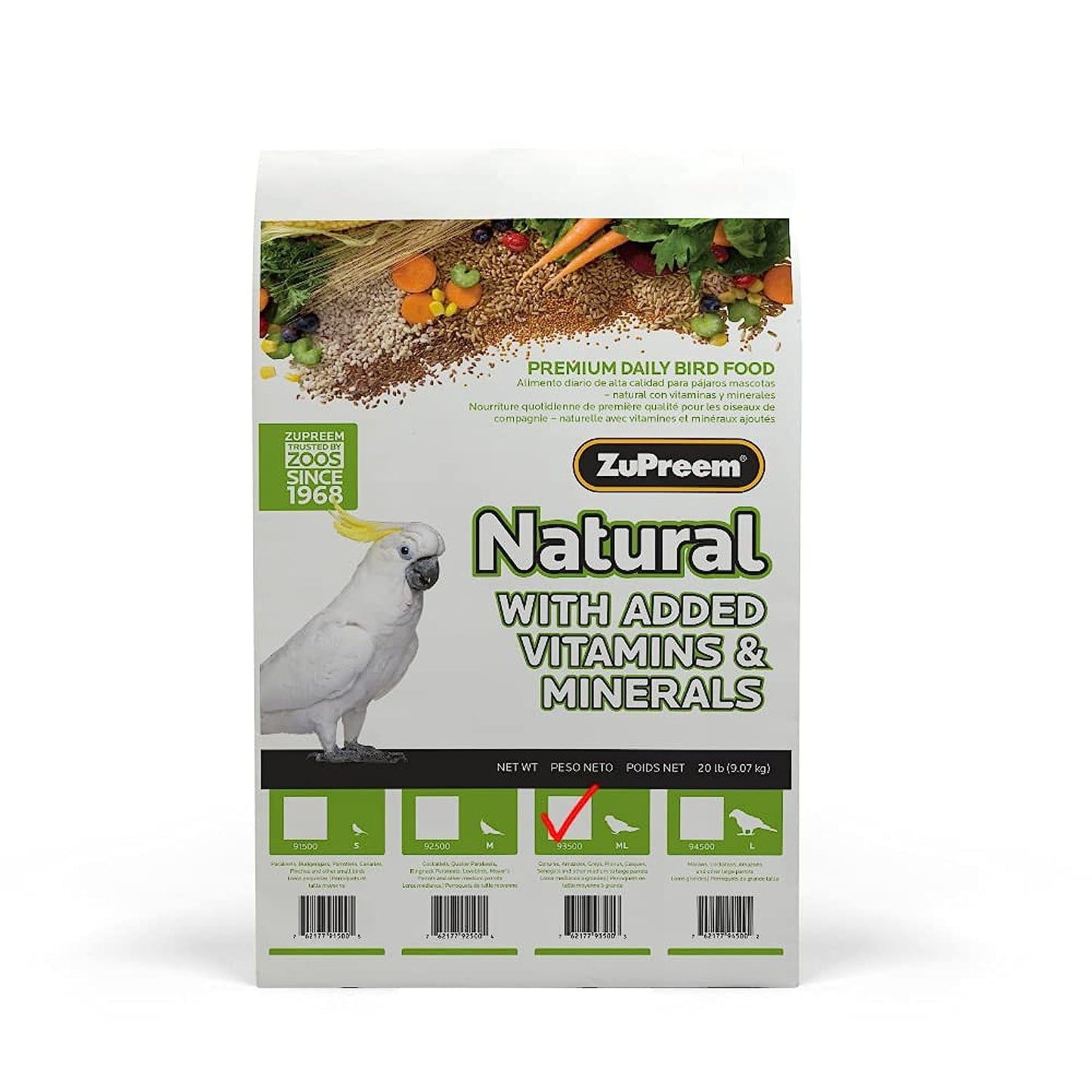 ZuPreem Smart Selects Bird Food, Daily Nutrition for Parrots, Conures, Caiques, African Greys, Eclectus, Small Cockatoos, Bird Feed Pellets & Seed Blend, Parrot Food, (Medium/Large, 4 lb bag)