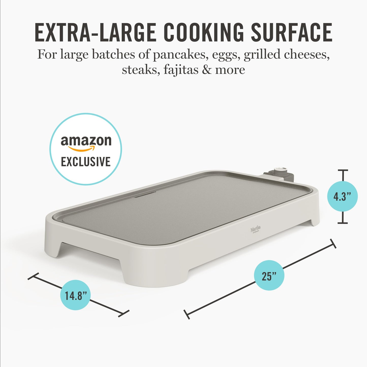 Martha Stewart 12” x 22” Electric Griddle, XL Ceramic Nonstick Flat Top Cooking Surface, Adjustable Temperature Dial, Drip Tray, Dishwasher Safe, 1500W Fast Even Heating, Pancakes & Eggs, Linen White