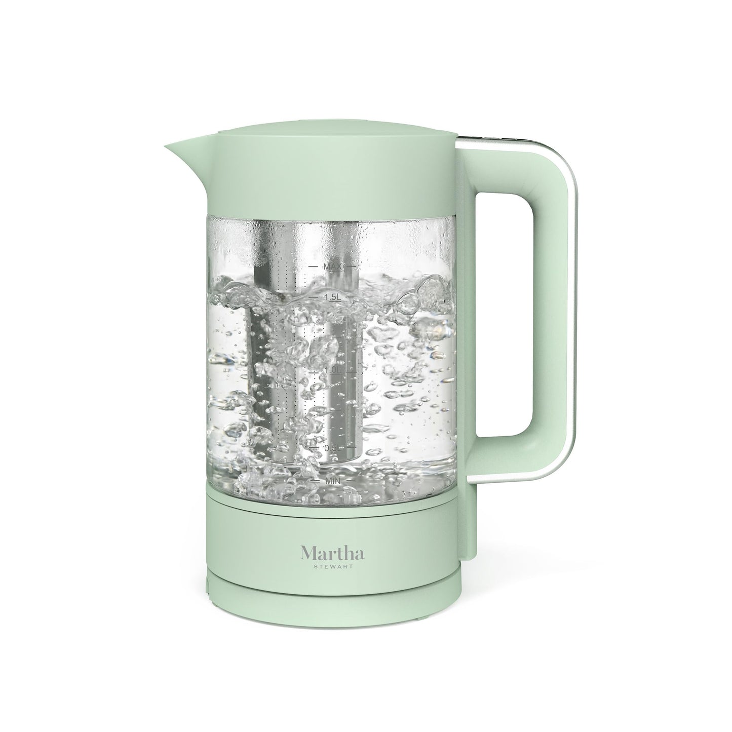 Martha Stewart Electric Kettle with Removable Stainless Steel Tea Infuser,  Glass Carafe 1.7L (7 Cups), Hot Water Boiler, 4 Presets, Keep Warm & Auto Shut-Off, Cordless 360° Swivel Base, Sky Blue