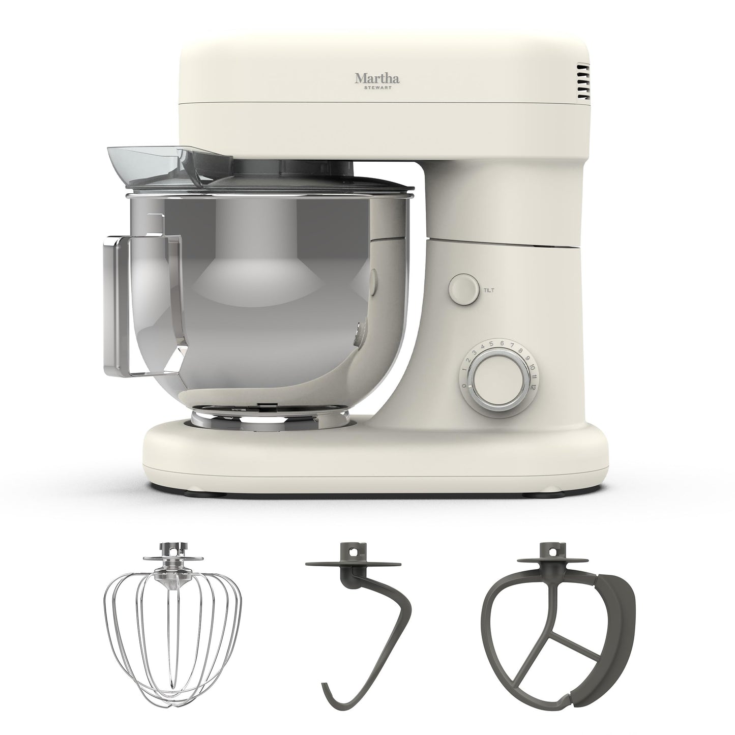 Martha Stewart Stand Mixer, 12 Speed, Tilt-Head, 5.3QT Stainless Steel Bowl, Splash Guard with Pour Chute, Whisk, Dough Hook, Flat Beater, Electric Kitchen Baking Mixer, Bread, Cake, Whip, Caviar Gray