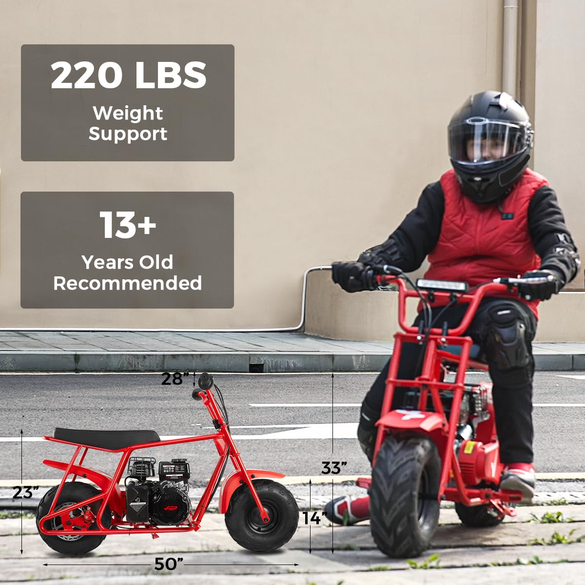 FRP Mini Dirt Bike GMB100, 99 CC Gas Powered Mini Bike 4 Stroke 3HP, Off Road for Kids and Adult, Trail Bike Up to 24 Mph, Weight Support Up to 185 LBS (RED)