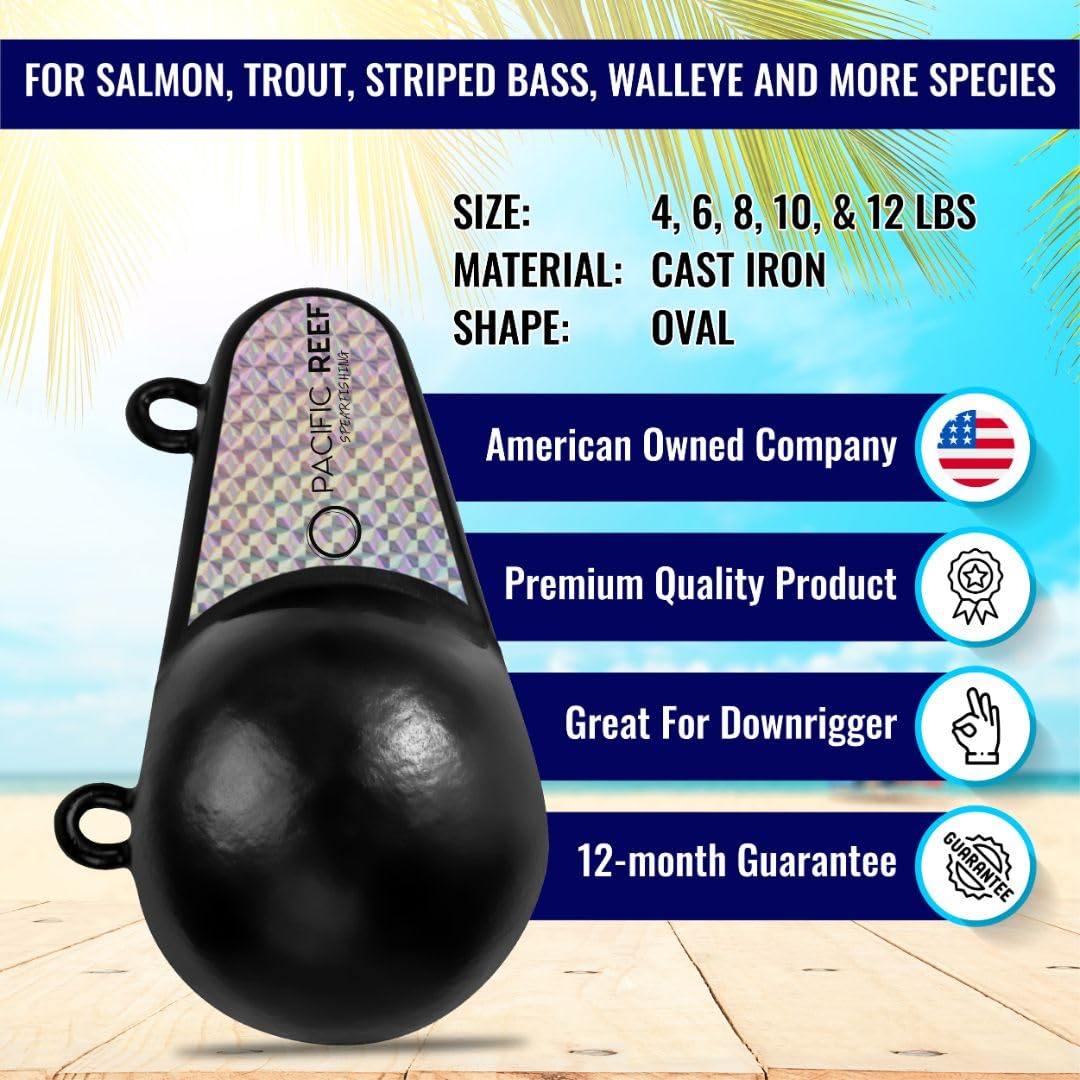 PacificReef® Downrigger Weight Oval w/Fin Coated Ball [4lbs, 6lbs, 8lbs, 10lbs, 12lbs] - Sinker for Downriggers Weight Pancake Oval Canon Ball with Protective Vinyl Coating for Salmon Trout