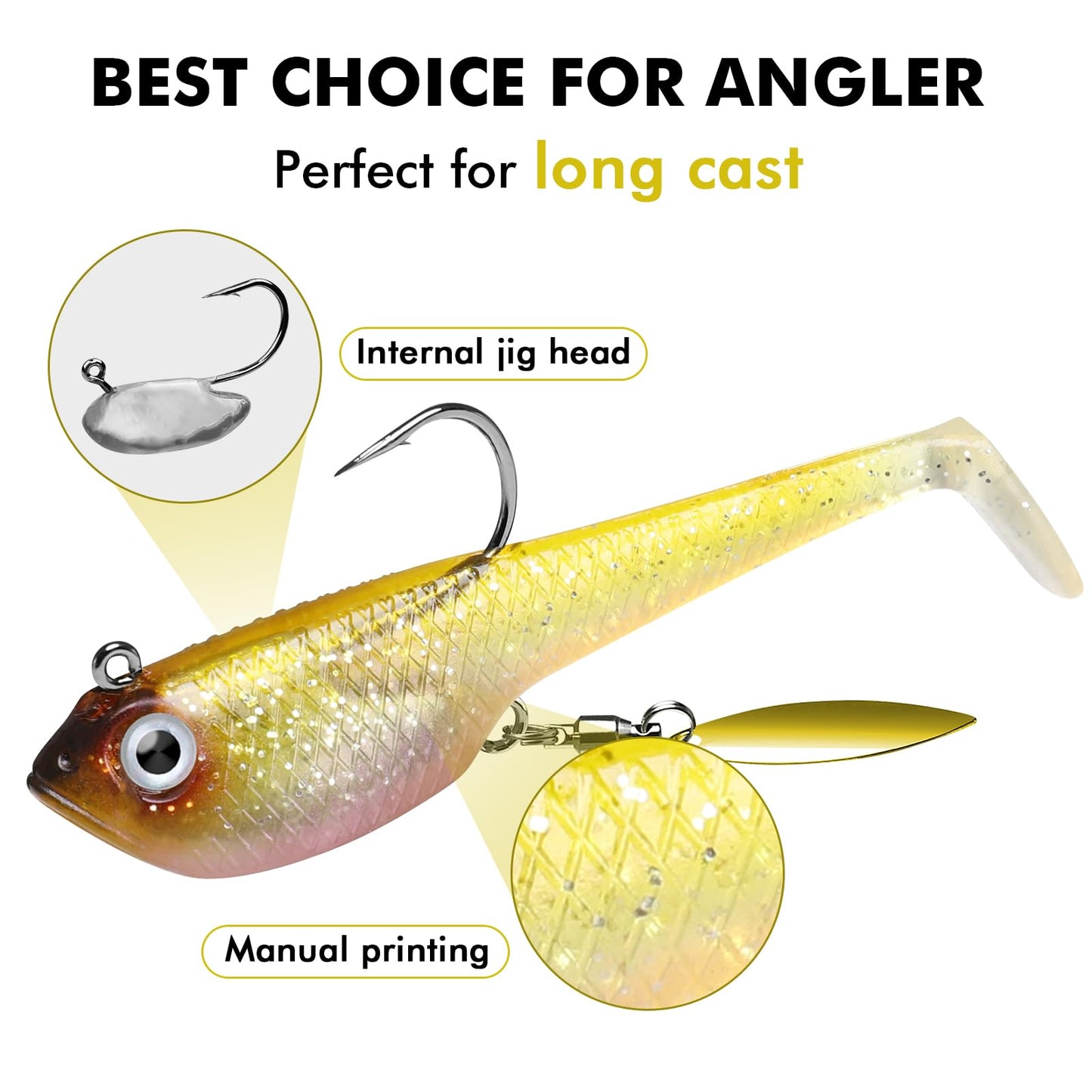 TRUSCEND Easy Catch Pre-Rigged Soft Lures, Vibrating Swim Action, Trembly Sinking Move, Amazing Soft Swimbait for Family Fishing, Well-Made Fishing Lures for Bass Trout Crappie Walleye Pike Redfish