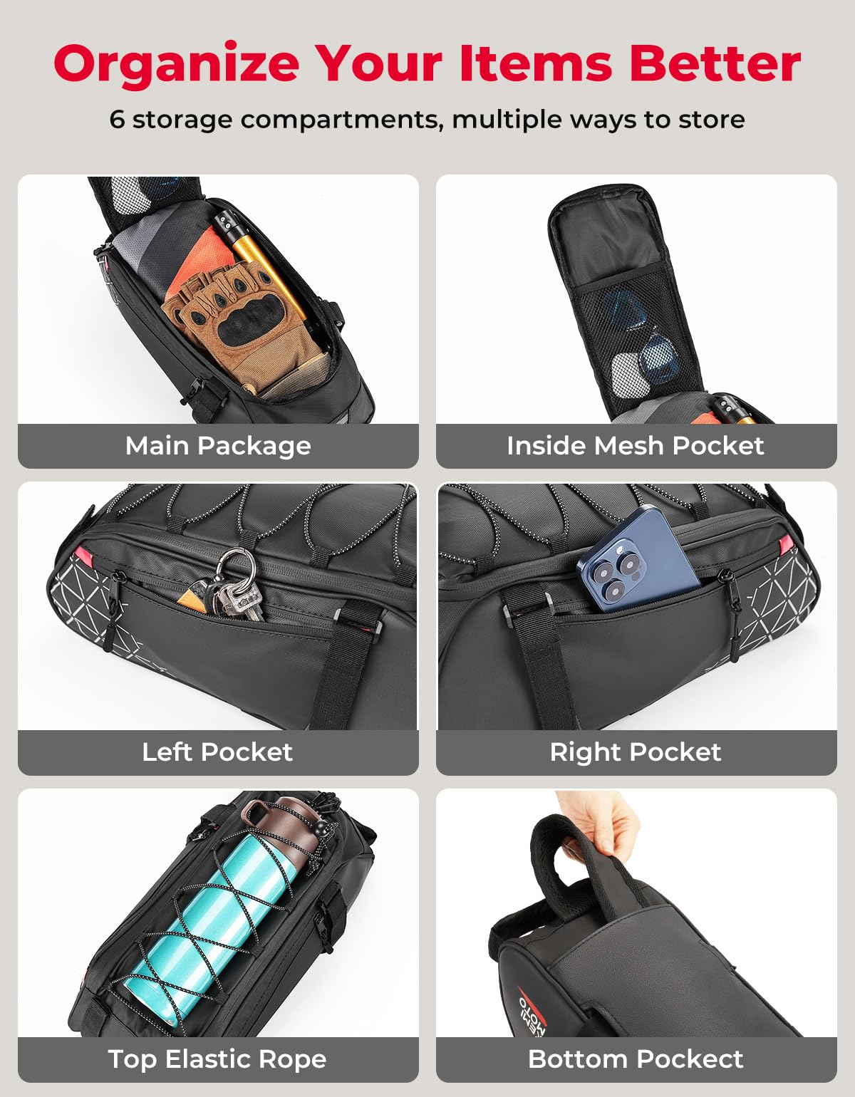 KEMIMOTO Rear Bike Rack Bag - 8L PVC Water Resistant Ebike Bags for Bicycle Rear Rack, Bicycle Trunk Pannier for Commuter Travel Shopping and Cycling (Black)