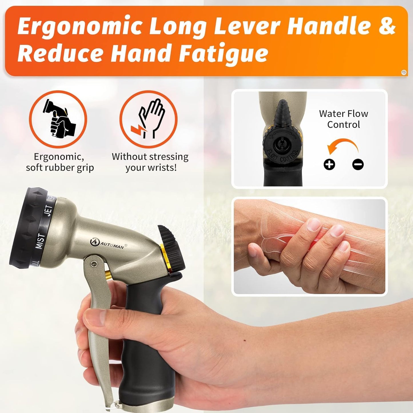 AUTOMAN-Garden-Hose-Nozzle, ABS Water Spray Nozzle with 7 Adjustable Watering Patterns, Slip Resistant for Watering Plants, Lawn& Garden, Washing Cars, Cleaning, Showering Pets & Outdoor Fun.