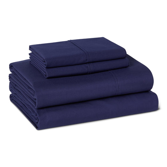 Amazon Basics Soft Organic Cotton Sheet Set with 2 Pillowcases, GOTS-Certified, King, Navy Blue