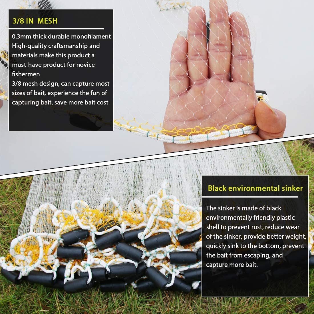 Drasry Saltwater Fishing Cast Net for Bait Trap with Heavy Sinkers Fish Throw Net. Size 3ft/4ft/5ft/6ft/7ft/8ft/9ft/10ft Radius Freshwater Nets