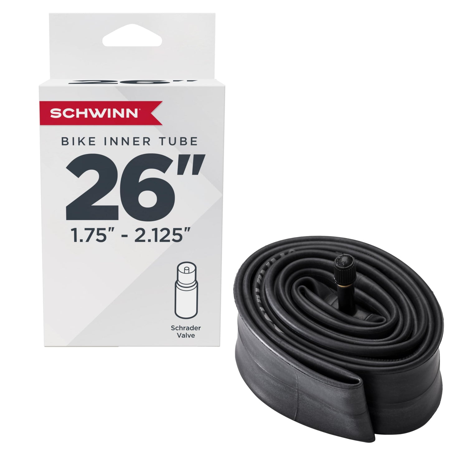 Schwinn Replacement Bike Tire Tube, 26 x 1.75 - 2.125 inch Bike Inner Tube, Schrader Valve, Durable Construction, Replacement for 26” Mountain, Hybrid, Dual Sport, and Cruiser Bicycle Tires