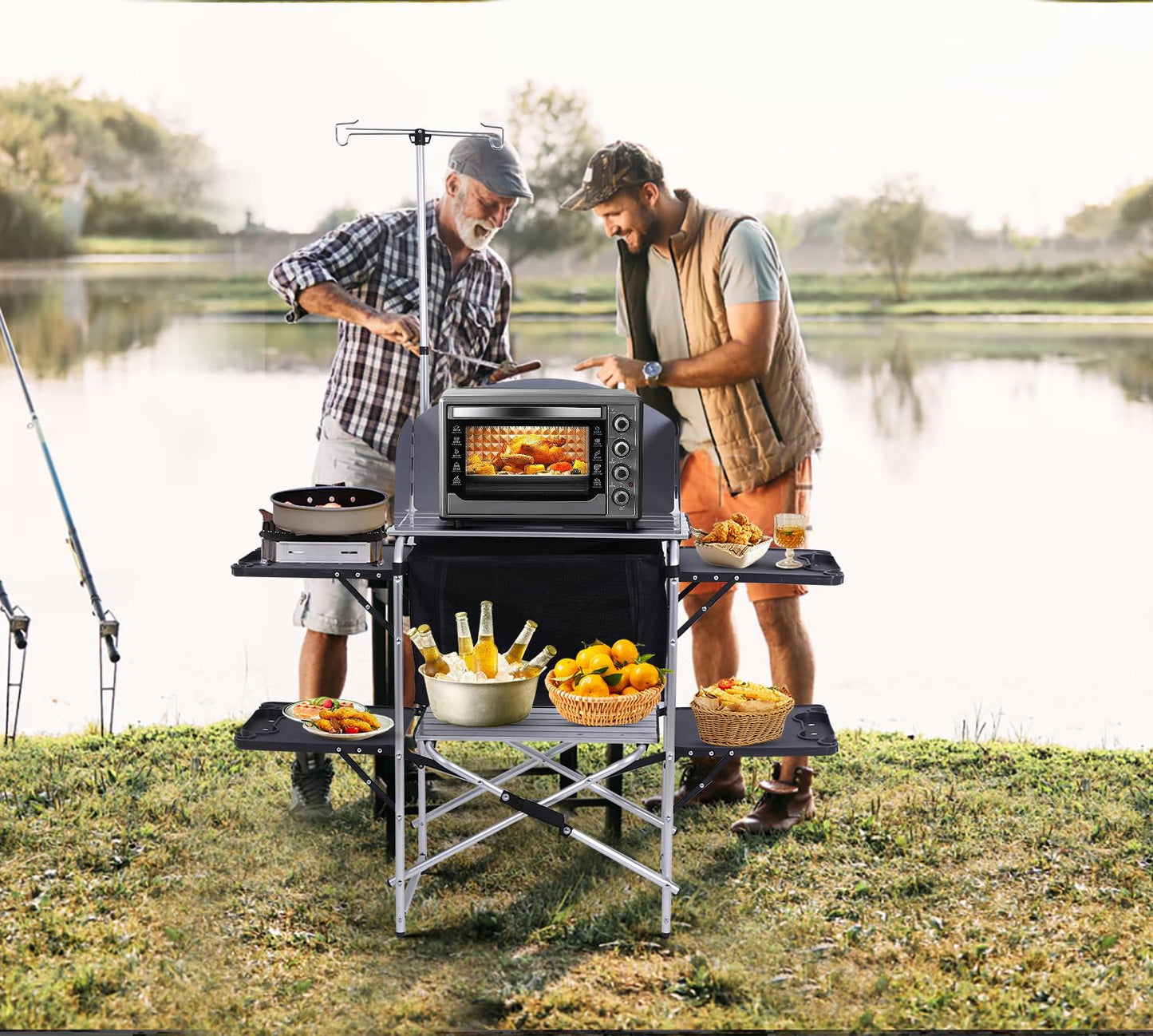 Nice C Camping Kitchen Station, Camping Table, Picnic Table, Grill Table, Folding Table, Upgrade Light Stand and Windshield Cooking Station & Organizers, Carry Bag for Beach, Picnic (Black)