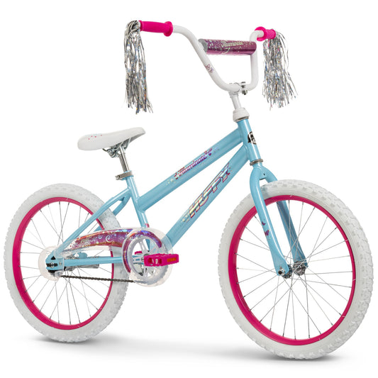 Huffy Illuminate 20” Girl’s Bike, Sky Blue Frame with Butterfly Graphics, Kickstand Included, Streamers and Chain Guard, White Tires and Pink Rims