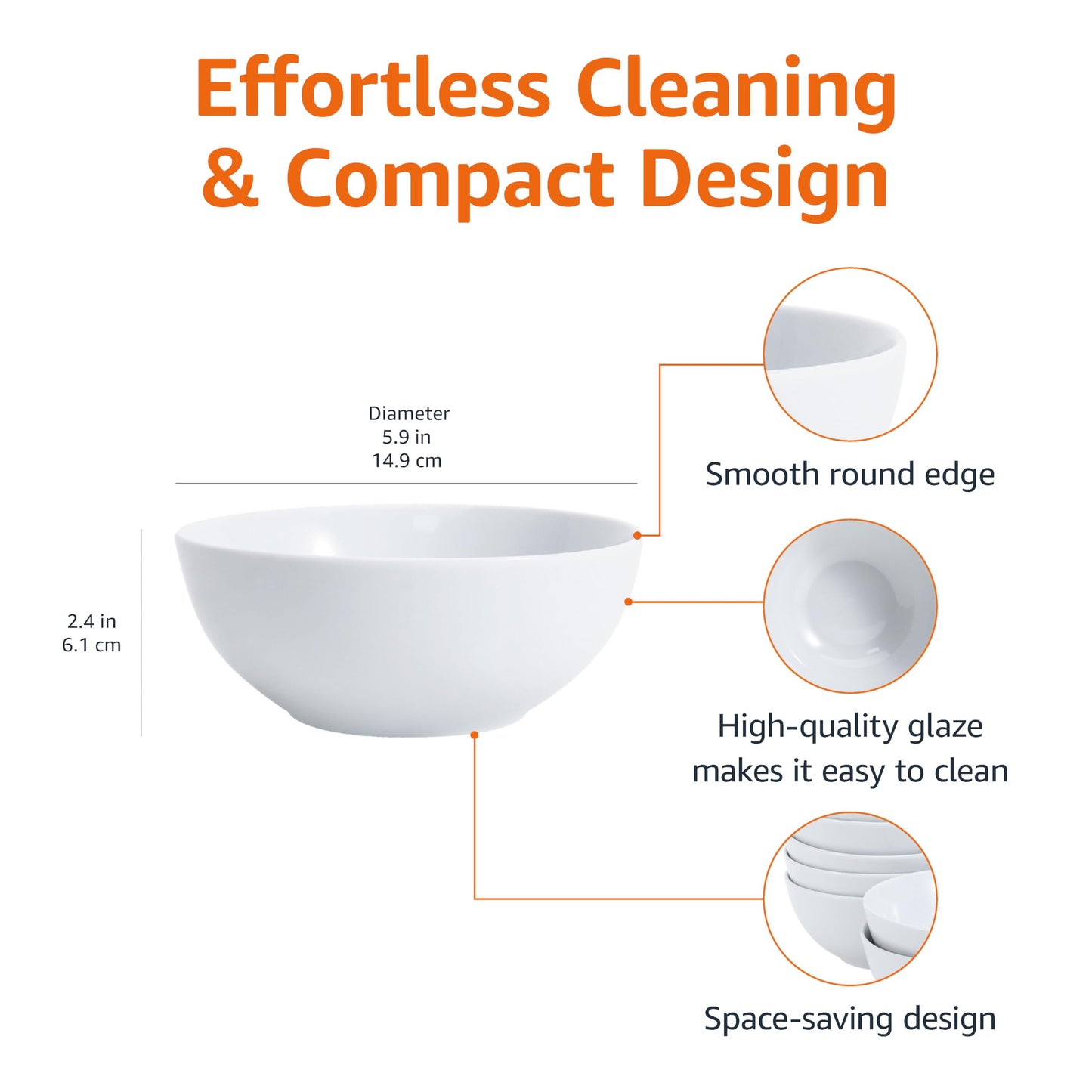 Amazon Basics 16-Pack White Porcelain Coupe Bowl, 5.9" diameter, Round, Microwave-safe, Commercial-grade