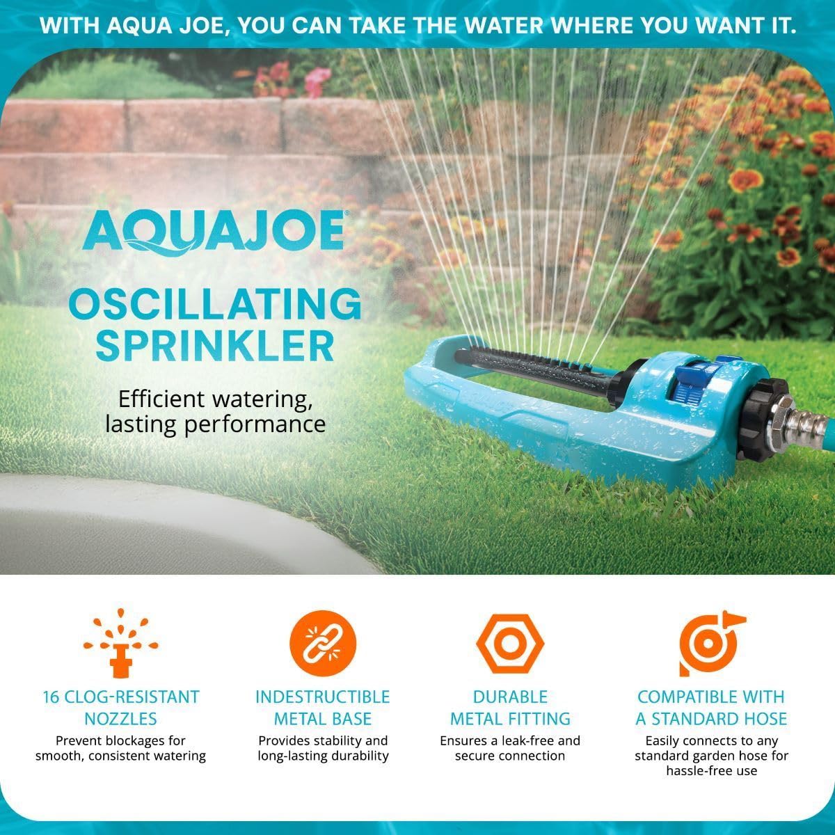Aqua Joe SJI-OMS16 Indestructible Metal Base Oscillating Sprinkler with Adjustable Spray, 3600-Square Foot Coverage