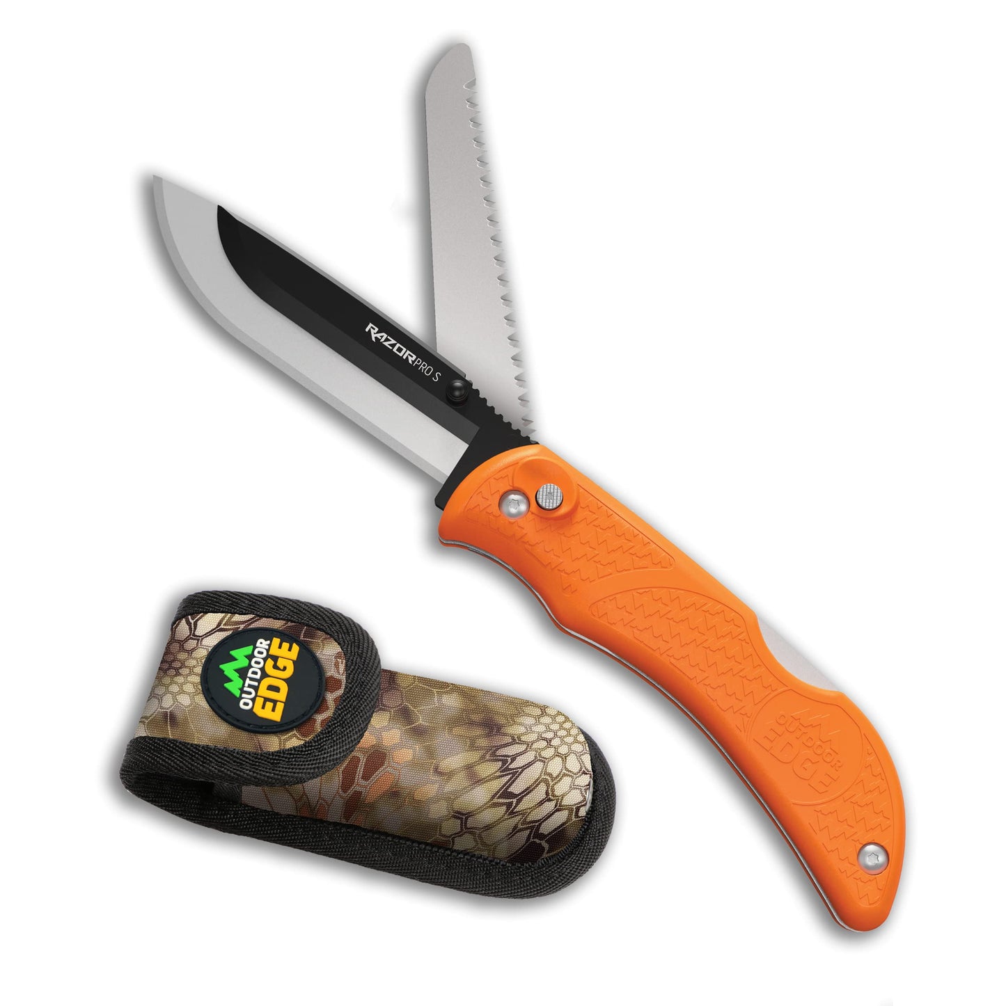 OUTDOOR EDGE RazorPro Double Blade Folding Hunting Knife & Filp N' Zip Bone Saw - Hunting Knife Features a Gutting Blade & Replaceable RazorSafe Skinning Blade. Includes Camo Nylon Sheath