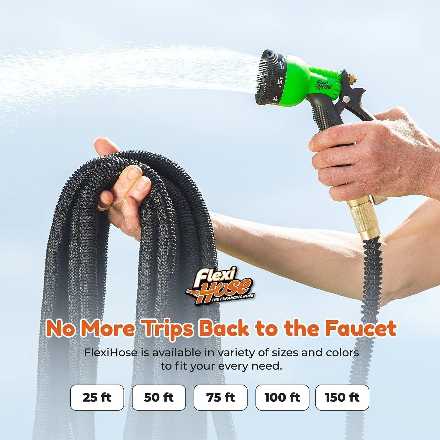 Flexi Hose with 8 Function Nozzle, 50FT - Lightweight Expandable Garden Hose, No-Kink Flexibility, 3/4 Inch Solid Brass Fittings and Double Latex Core